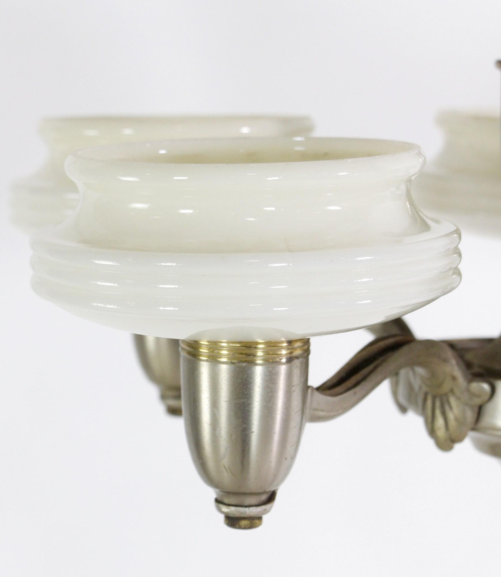 Mid-20th Century 1930s Art Deco Nickel Brass 5 Arm Chandelier White Glass Shades For Sale