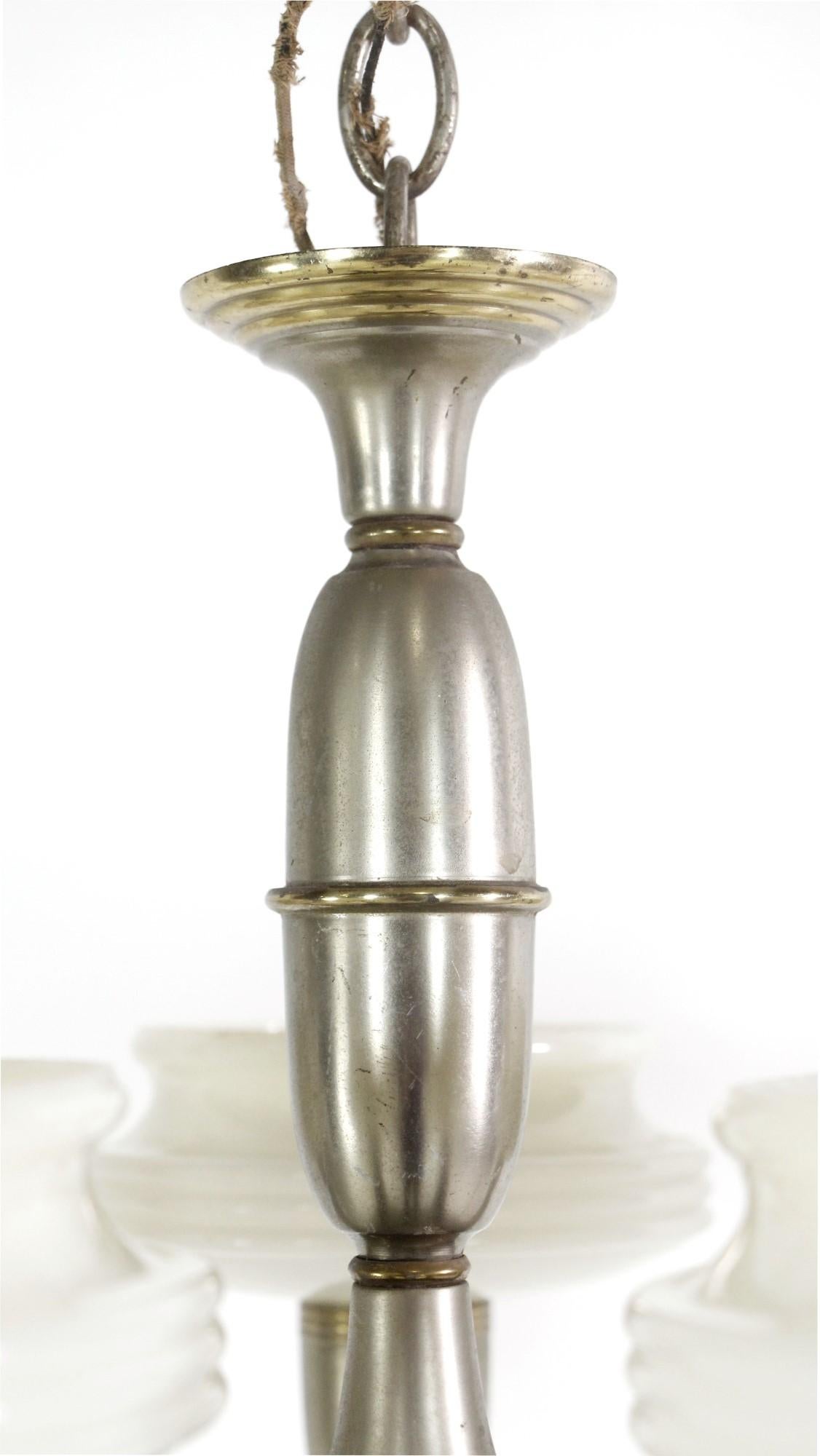 1930s Art Deco Nickel Brass 5 Arm Chandelier White Glass Shades For Sale 2
