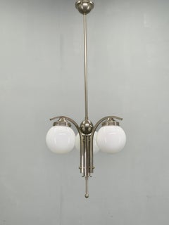 1930s Art Deco Nickel Chandelier With Opaline Glass Globes