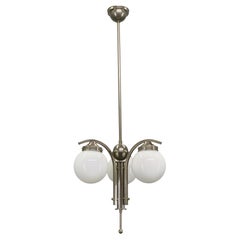 1930s Art Deco Nickel Chandelier With Opaline Glass Globes
