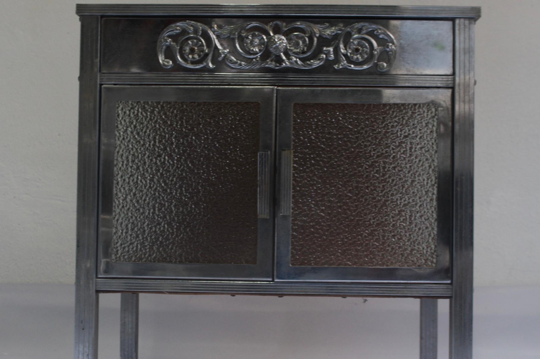 Art Deco Nickel and Glass Side Table or Small Cupboard with Double Door, 1930s  For Sale 7