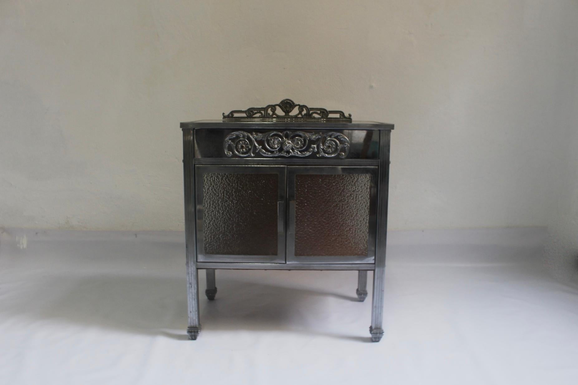 Spanish Art Deco Nickel and Glass Side Table or Small Cupboard with Double Door, 1930s  For Sale