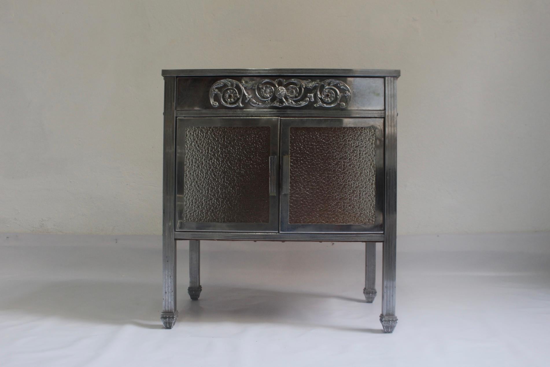 Frosted Art Deco Nickel and Glass Side Table or Small Cupboard with Double Door, 1930s  For Sale