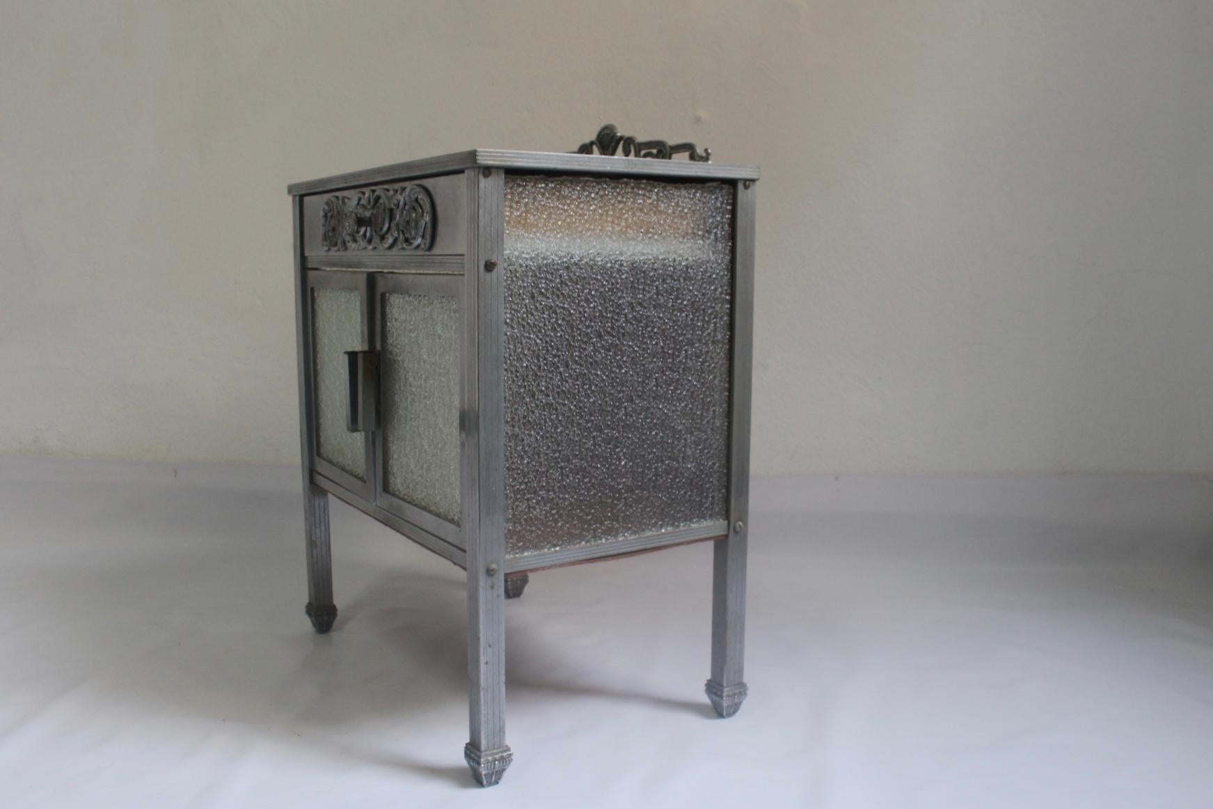 Art Deco Nickel and Glass Side Table or Small Cupboard with Double Door, 1930s  In Fair Condition For Sale In Valencia, Valencia