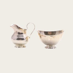 1930s Art Deco Nickel Silver Three Piece Sugar Bowl, Milk Pourer and Tray
