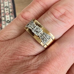 1930's Art Deco Old Cut Diamond 18 Karat Gold Platinum Bow Ring
