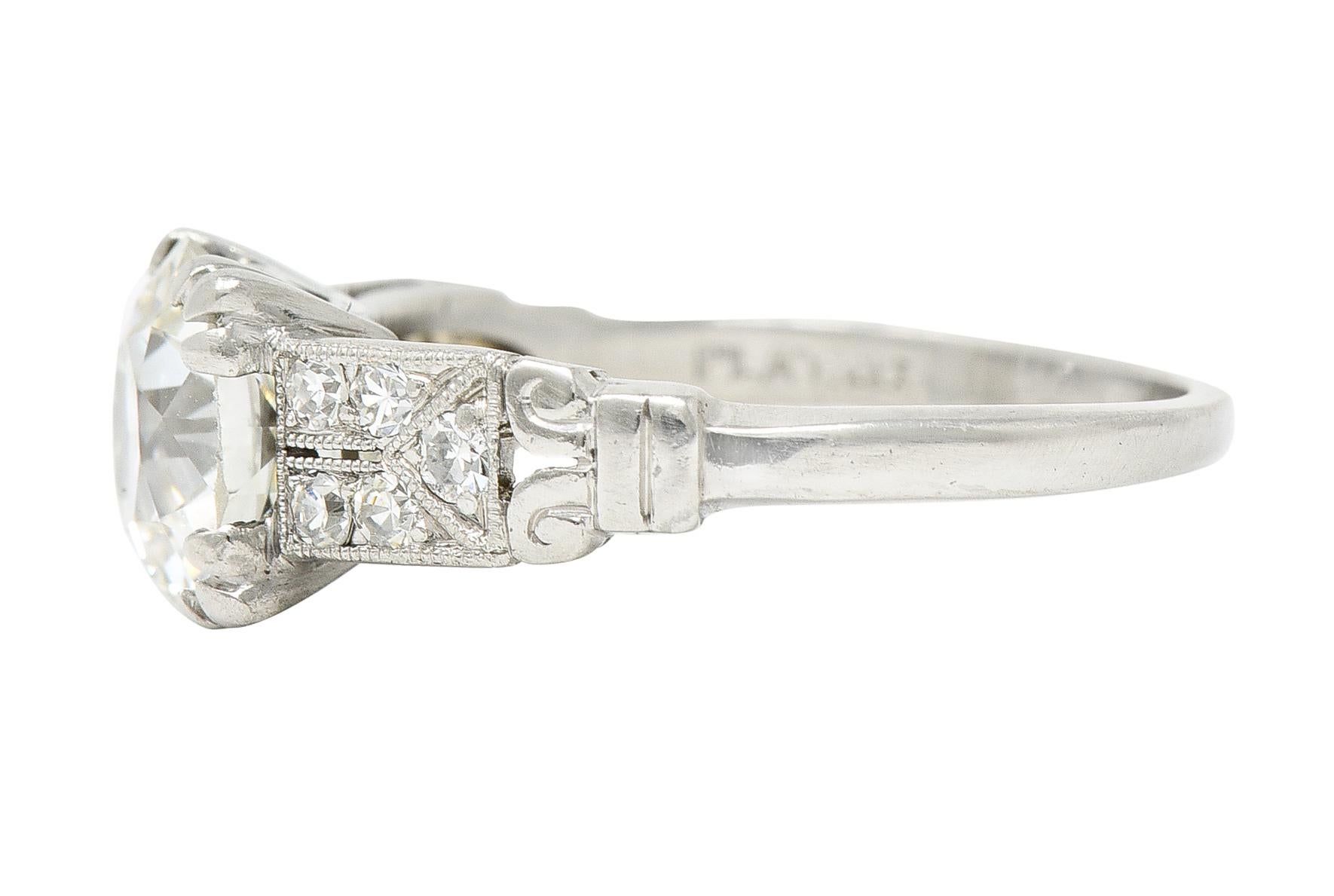 1930's Art Deco Old European 1.84 Carats Diamond Platinum Engagement Ring In Excellent Condition In Philadelphia, PA