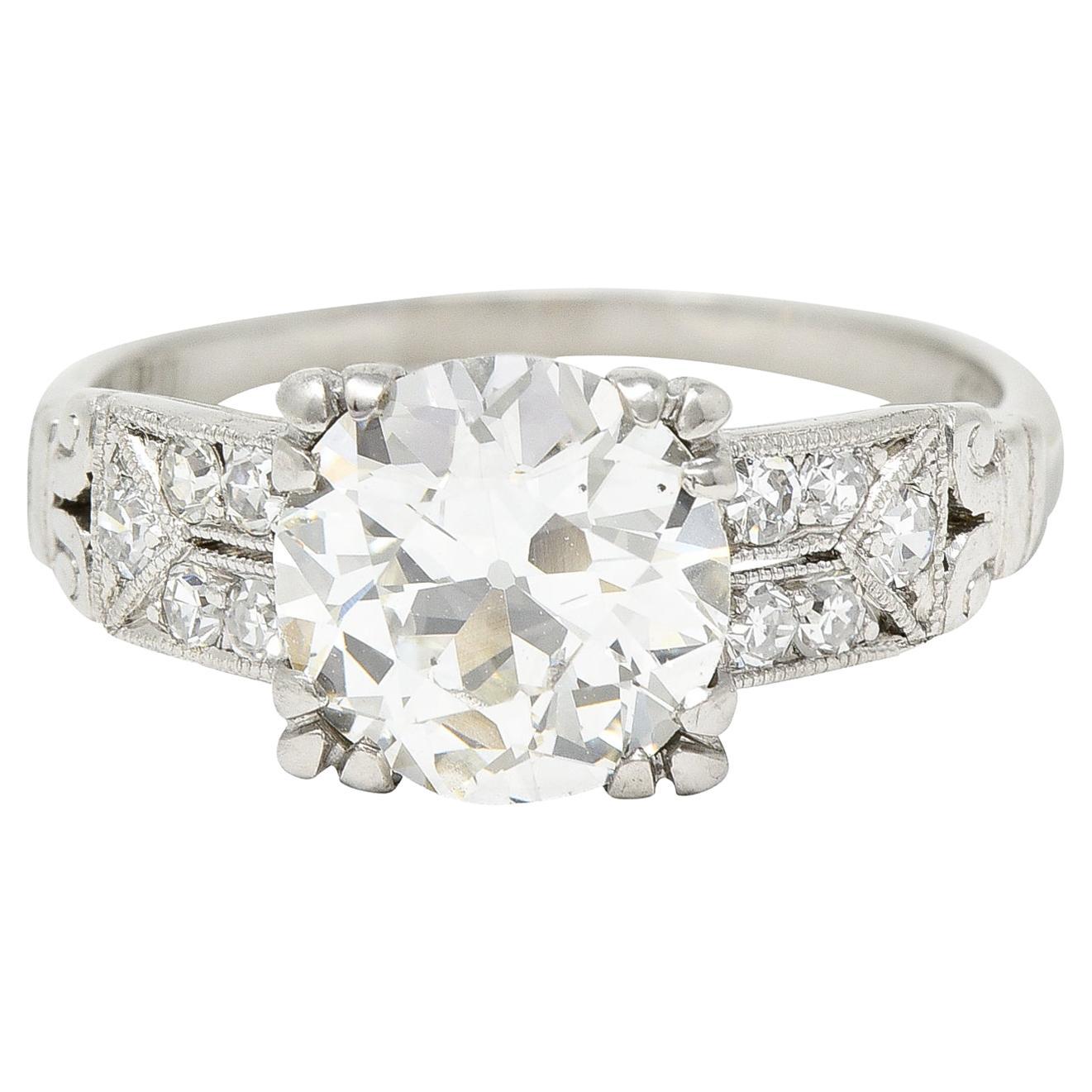 1930's Art Deco Old European 1.84 Carats Diamond Platinum Engagement Ring