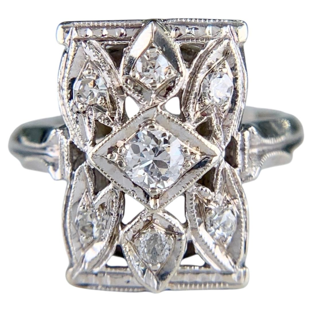 1930's Art Deco Old European Cut Diamond Dinner Ring 14k White Gold