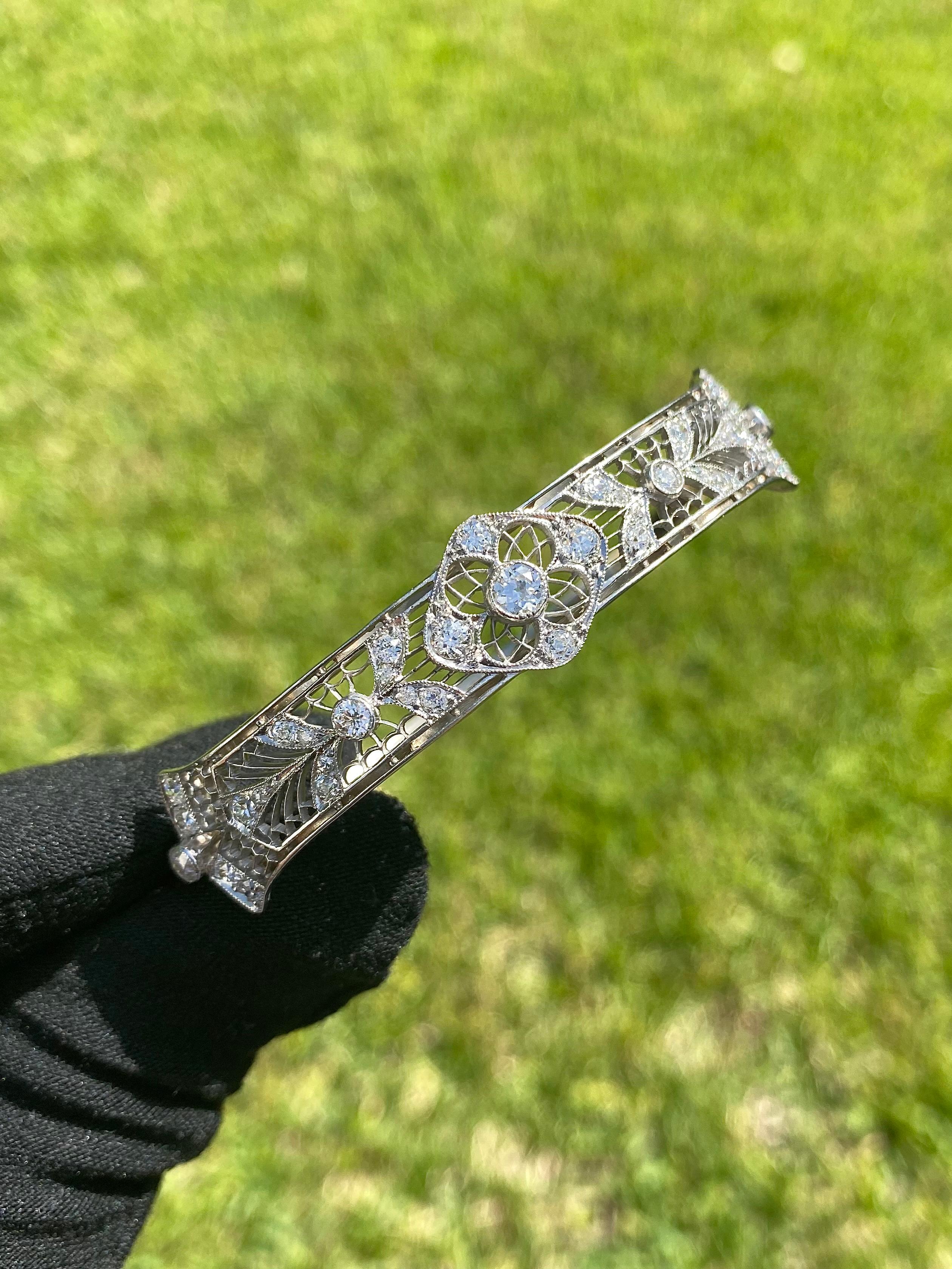 Original Art Deco bangle with over 2 carats in Old-European cut natural diamonds. This bangle fits comfortably on wrist sizes ranging from 7 inches to 7.75 inches. The bangle's front is an original Art Deco piece made in platinum, while the back was