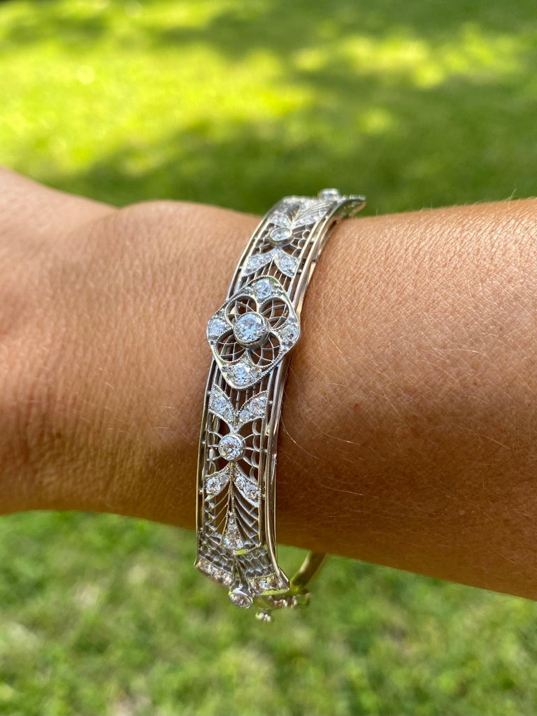 1930's Art Deco Old European Cut Natural Diamond Bangle Set in Platinum ...