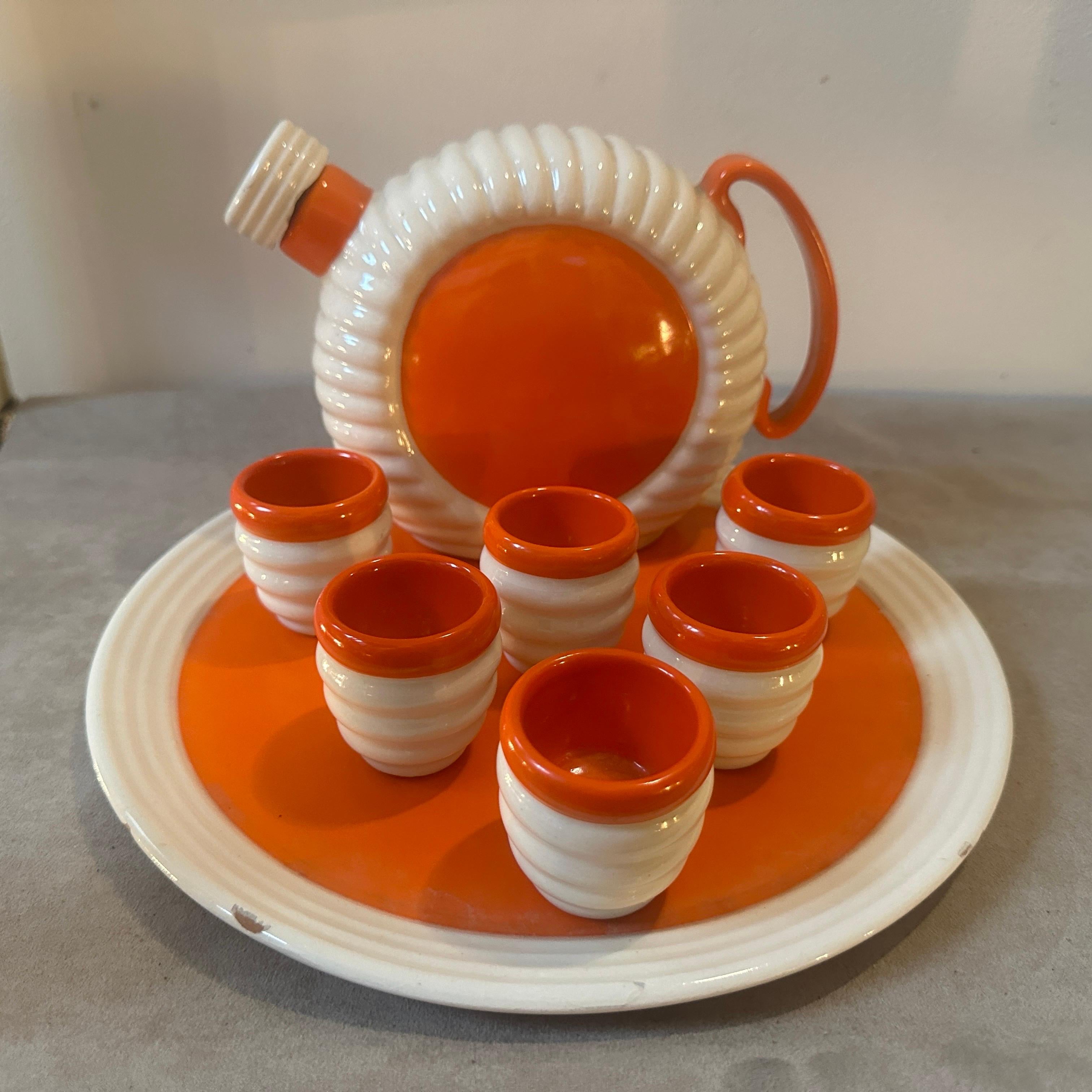 1930s Art Deco Orange and White Ceramic Rosolio Set by Rometti Umbertide For Sale 7