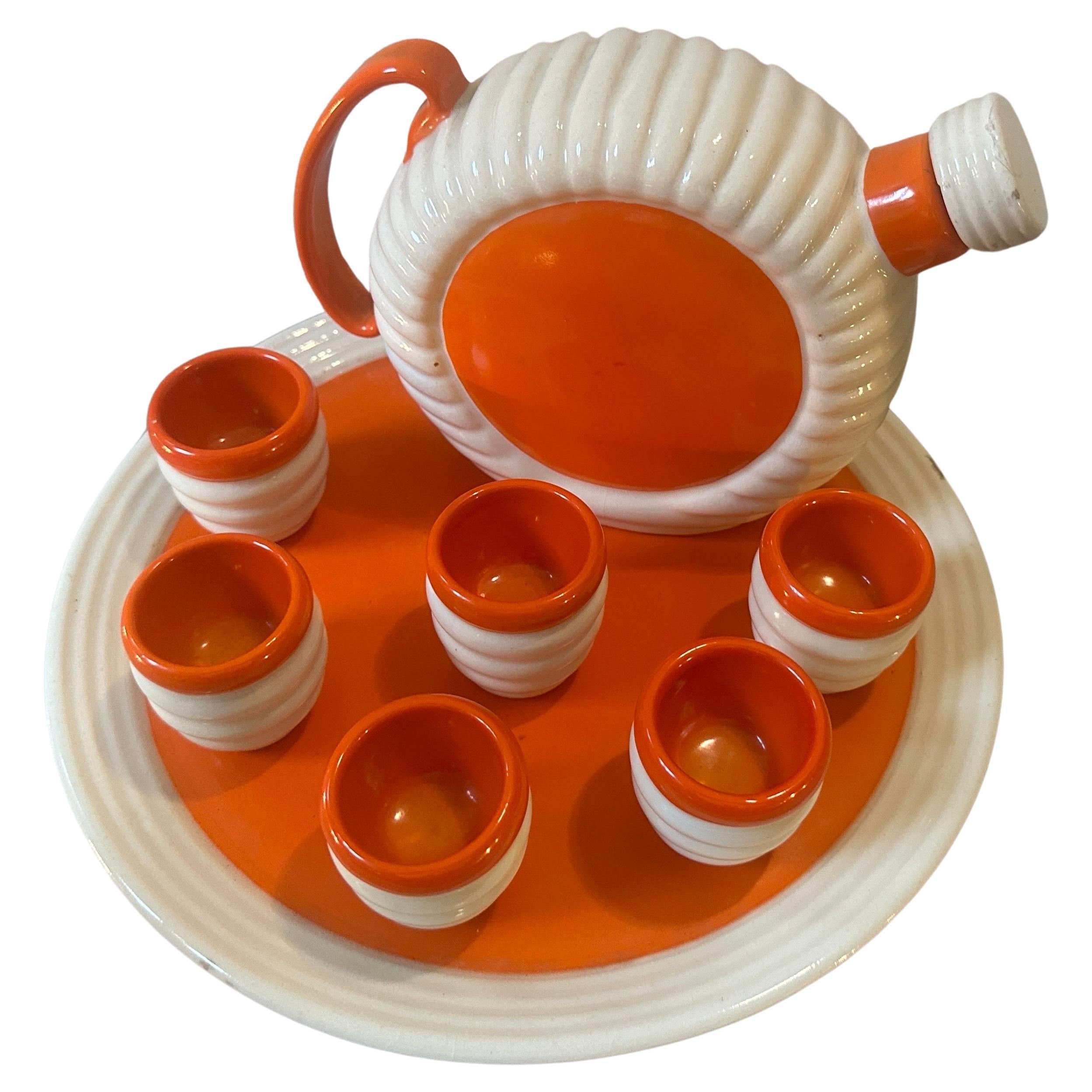 A ceramic liquor set designed and manufactured in the Thirties by Rometti Umbertide, it'is in good conditions overall with normal signs of use and age, it's signed on the bottom Rometti Ceramiche Umbertide.
This rosolio set showcases the distinctive
