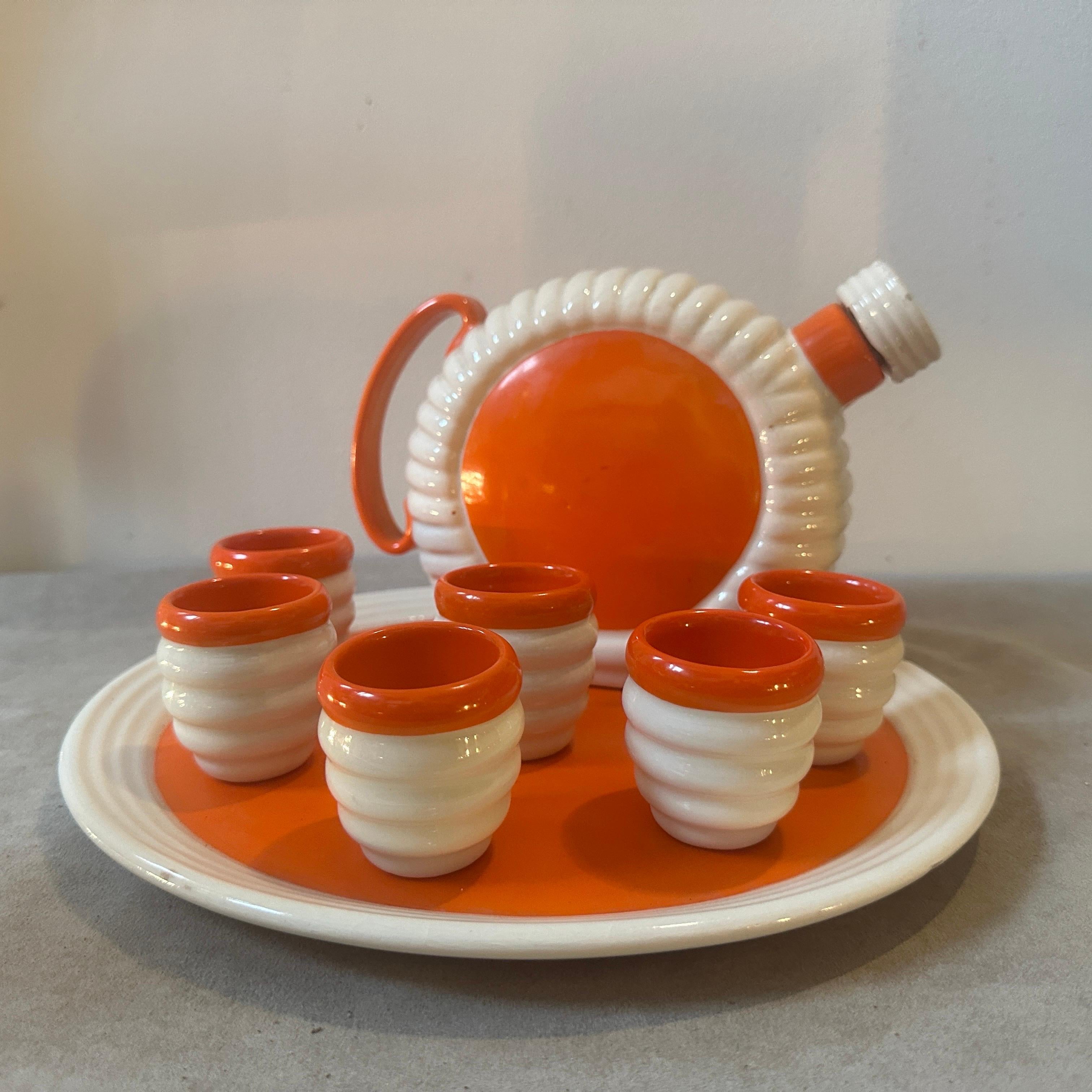 Italian 1930s Art Deco Orange and White Ceramic Rosolio Set by Rometti Umbertide For Sale