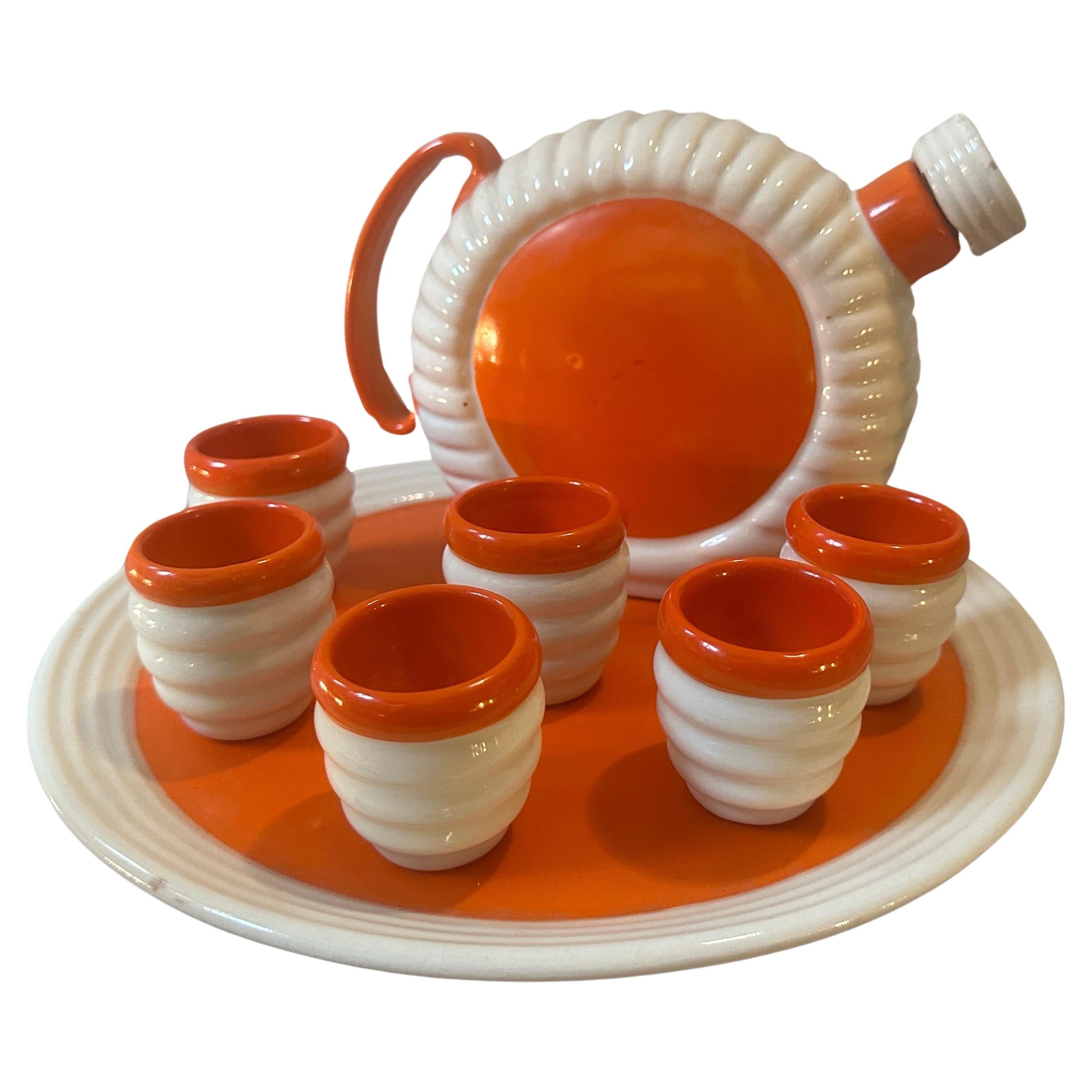 1930s Art Deco Orange and White Ceramic Rosolio Set by Rometti Umbertide