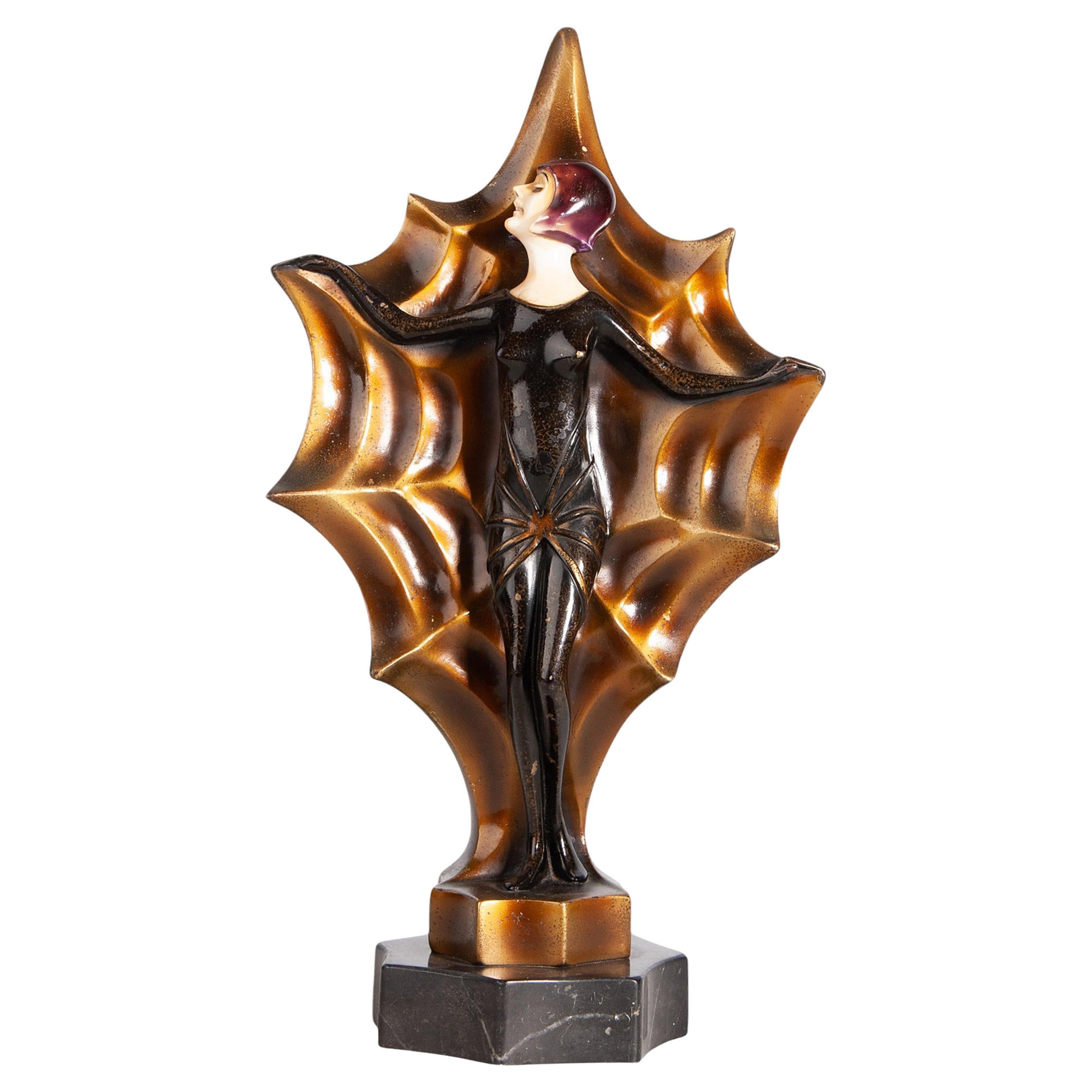1930s Art Déco Painted Chryselephantine Woman Sculpture by Roland Paris, France