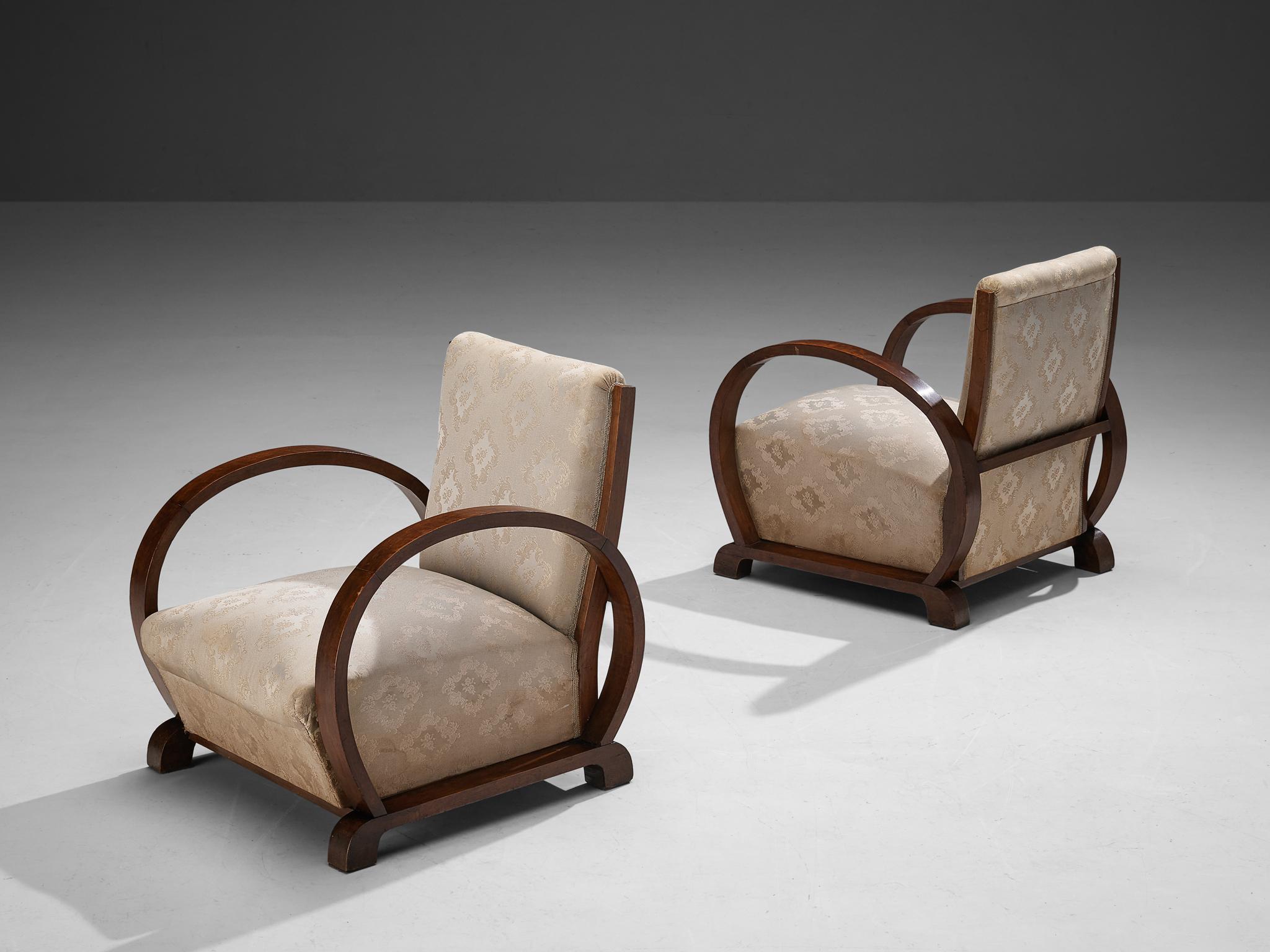 Art Deco Pair of Lounge Chairs in Walnut and Floral Upholstery 2