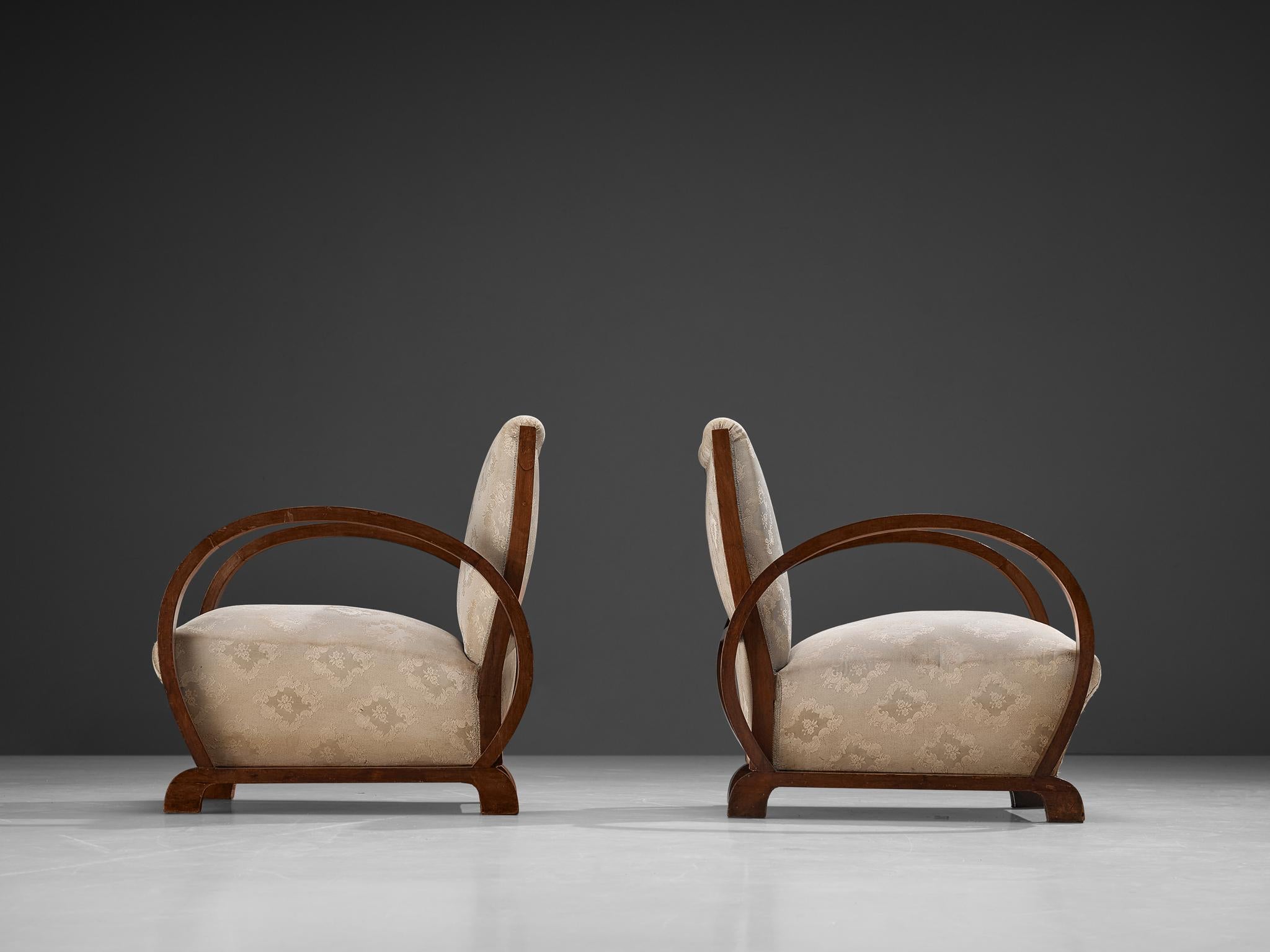 Mid-20th Century Art Deco Pair of Lounge Chairs in Walnut and Floral Upholstery