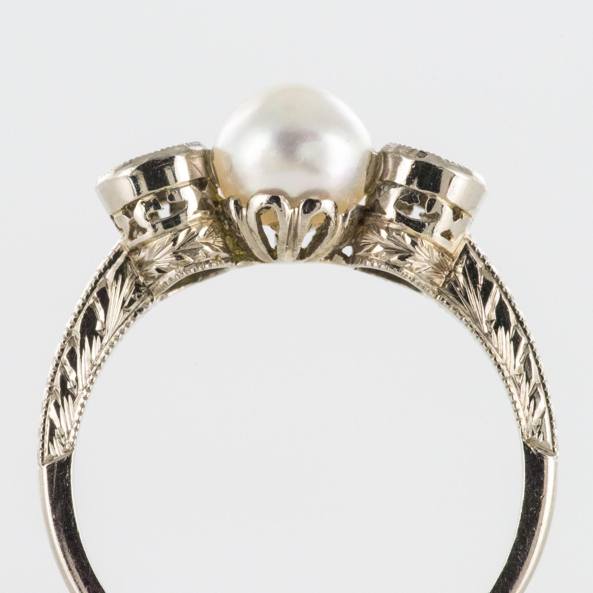 1930er Art Deco Perle Diamant  18 Karat Weißgold-Ring im Angebot 4