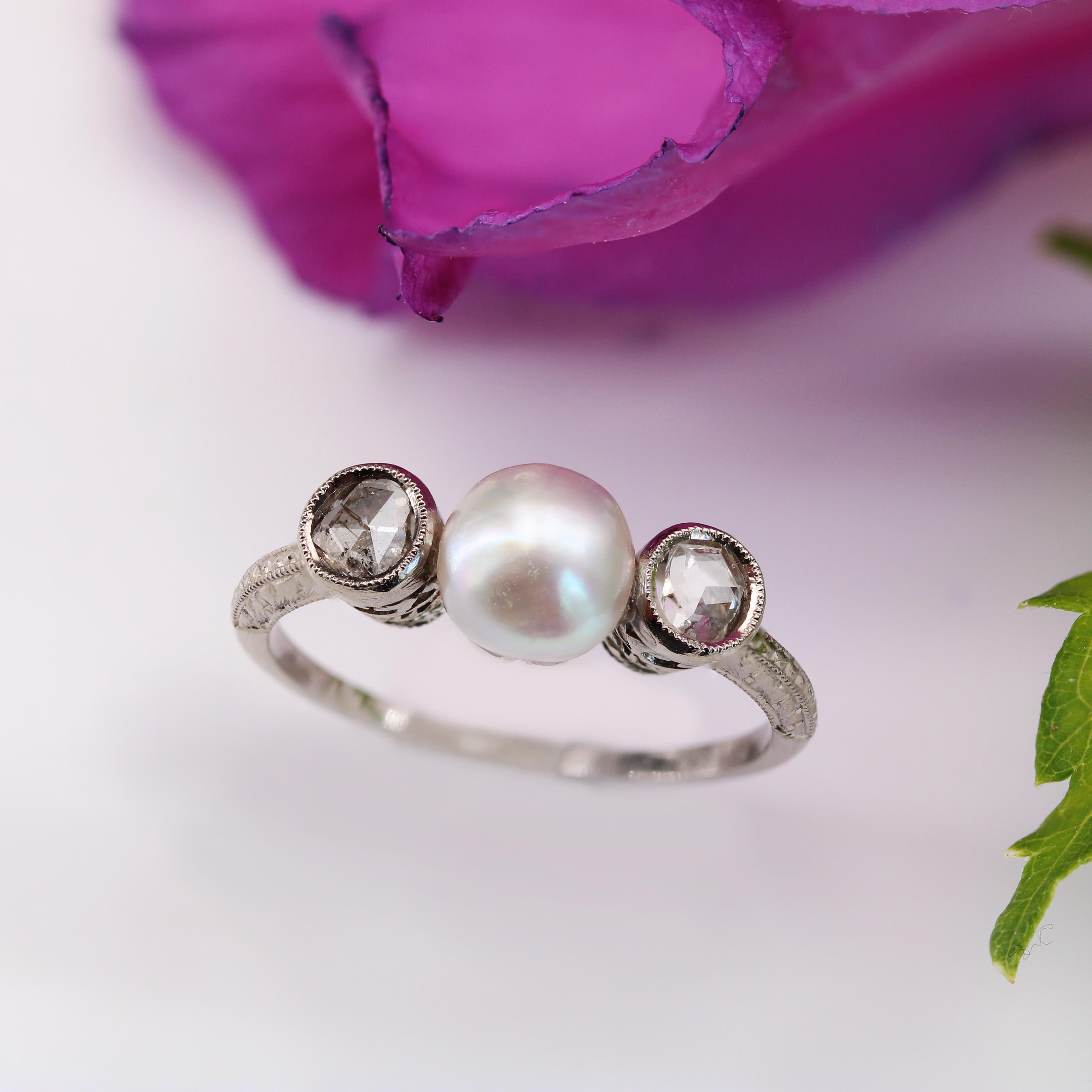 Rose Cut 1930s Art Deco Pearl Diamond  18 Karat White Gold Ring For Sale