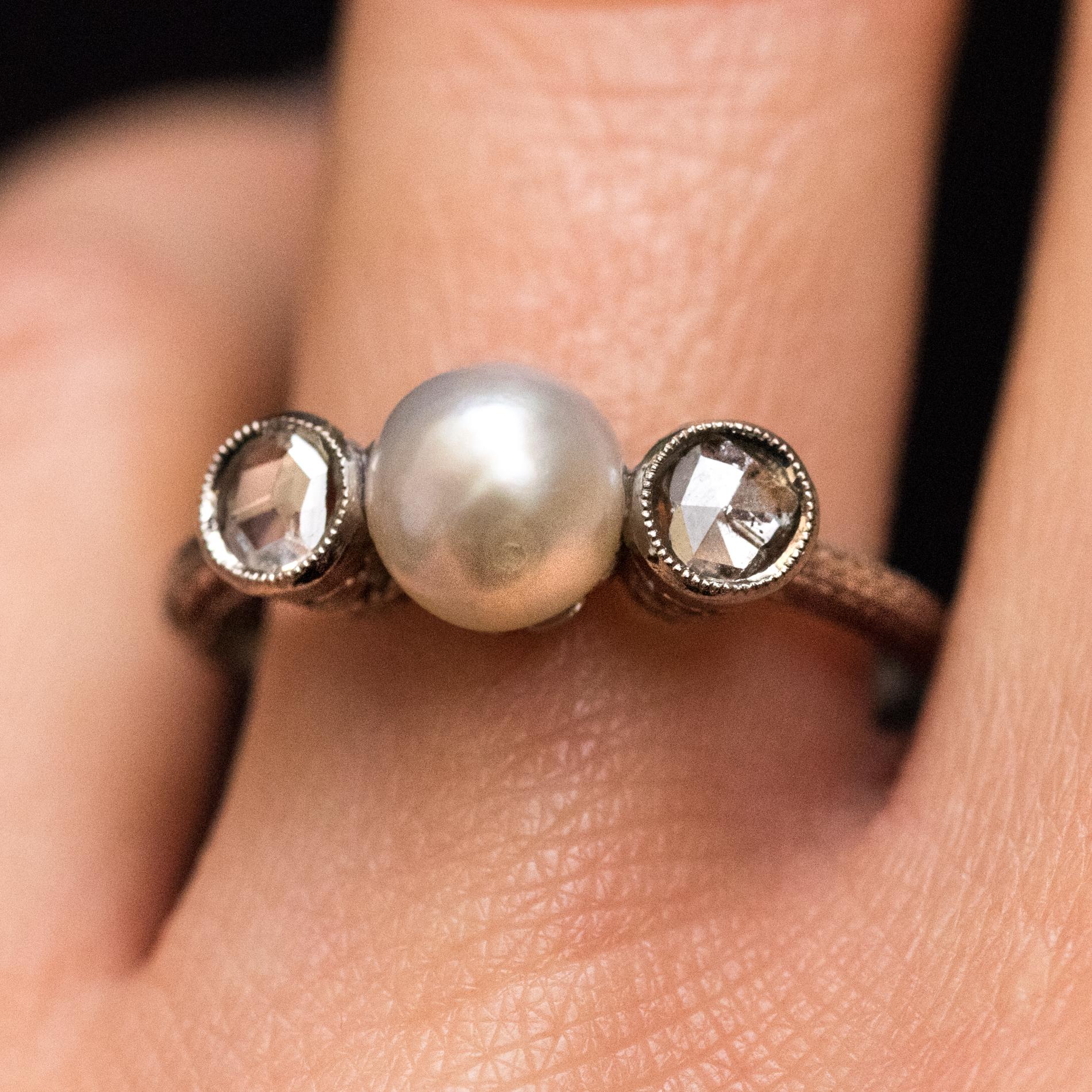 1930er Art Deco Perle Diamant  18 Karat Weißgold-Ring (Rosenschliff) im Angebot