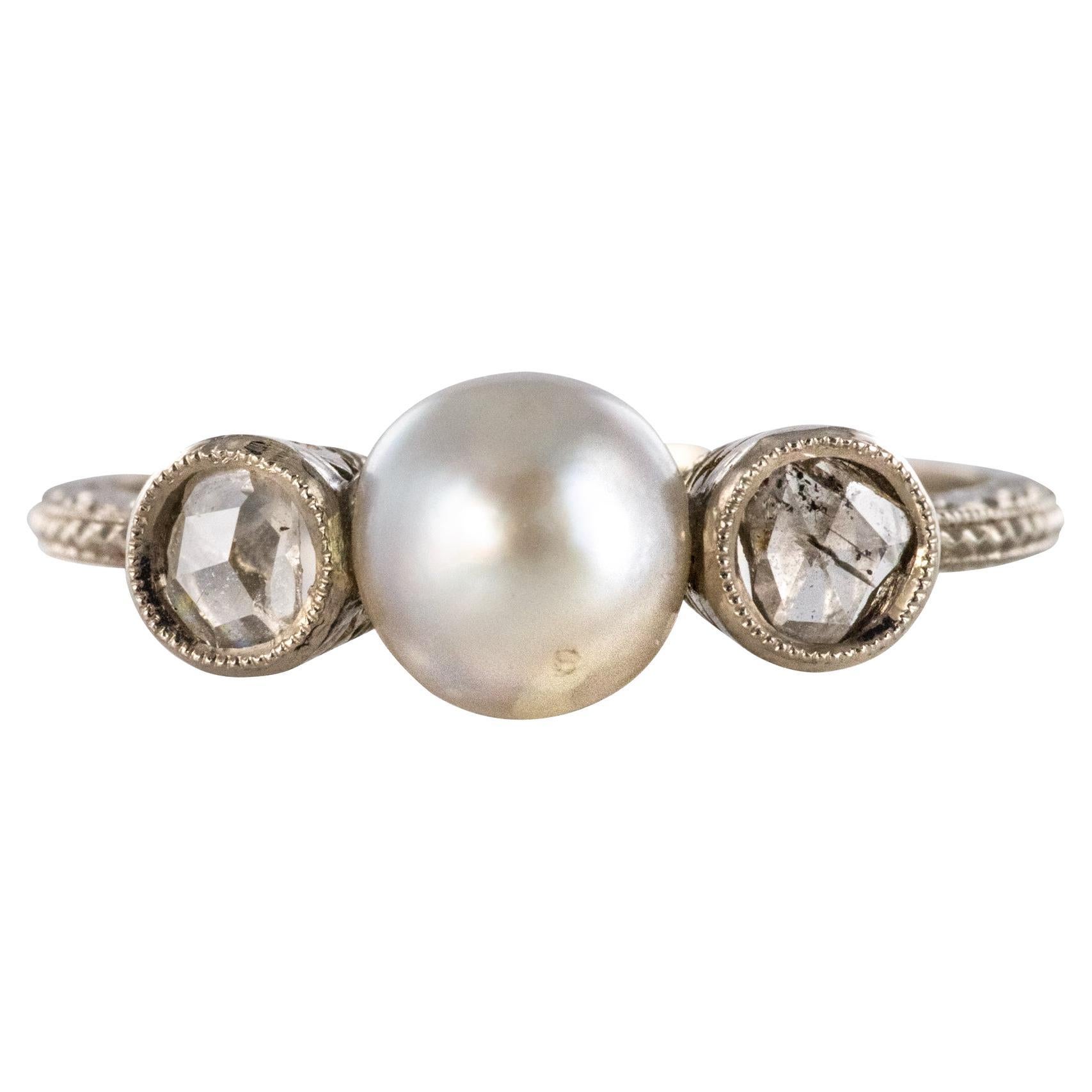 1930er Art Deco Perle Diamant  18 Karat Weißgold-Ring im Angebot
