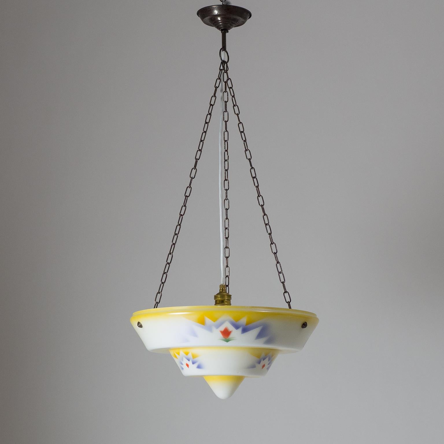 Art Deco 1930s Suspension Light, Enameled Glass and Brass For Sale 7