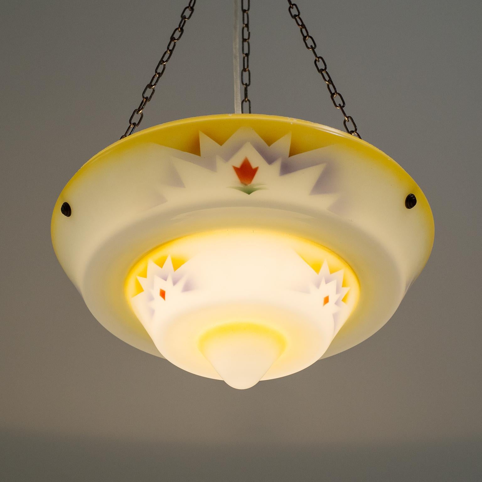 Art Deco 1930s Suspension Light, Enameled Glass and Brass For Sale 10