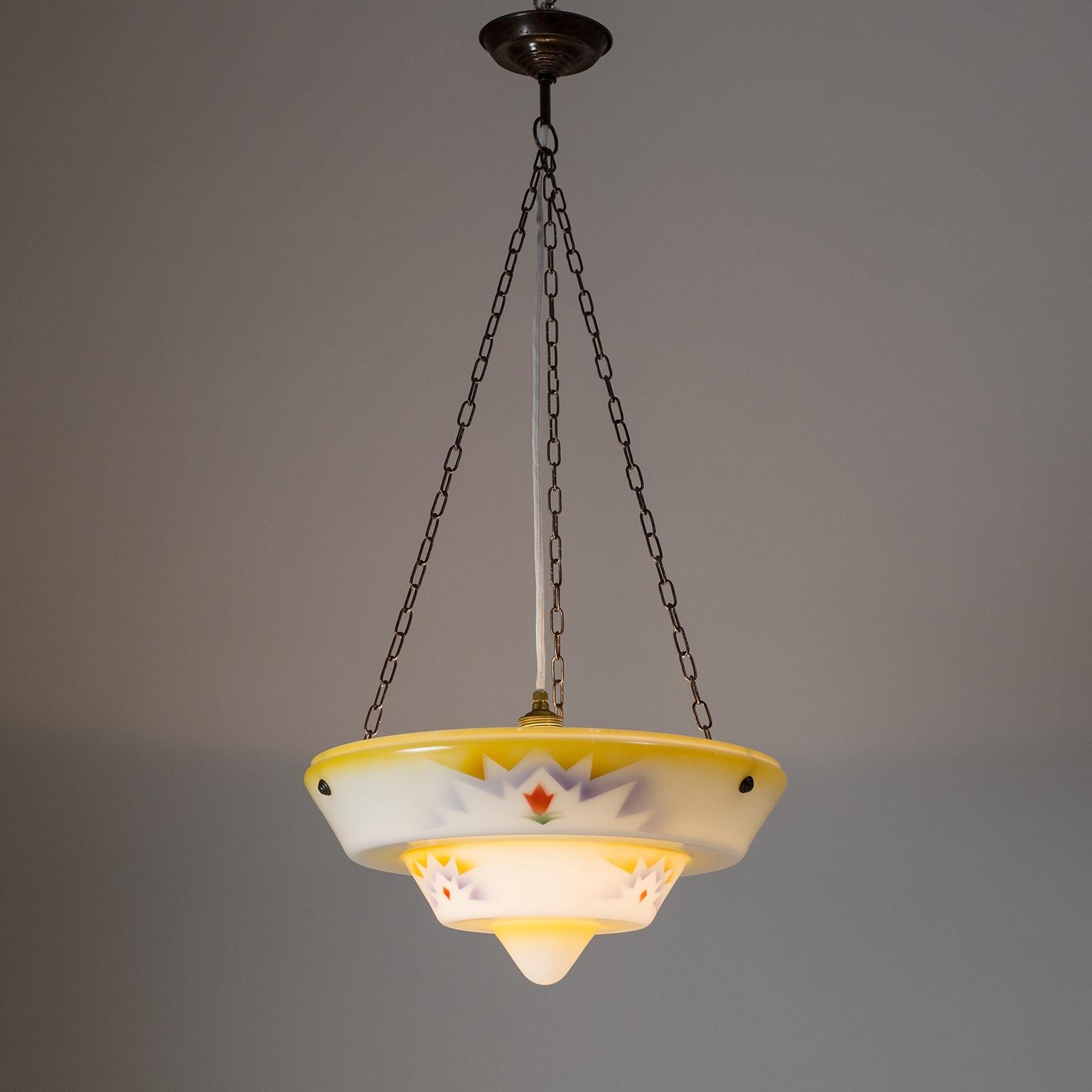 Art Deco 1930s Suspension Light, Enameled Glass and Brass For Sale 11