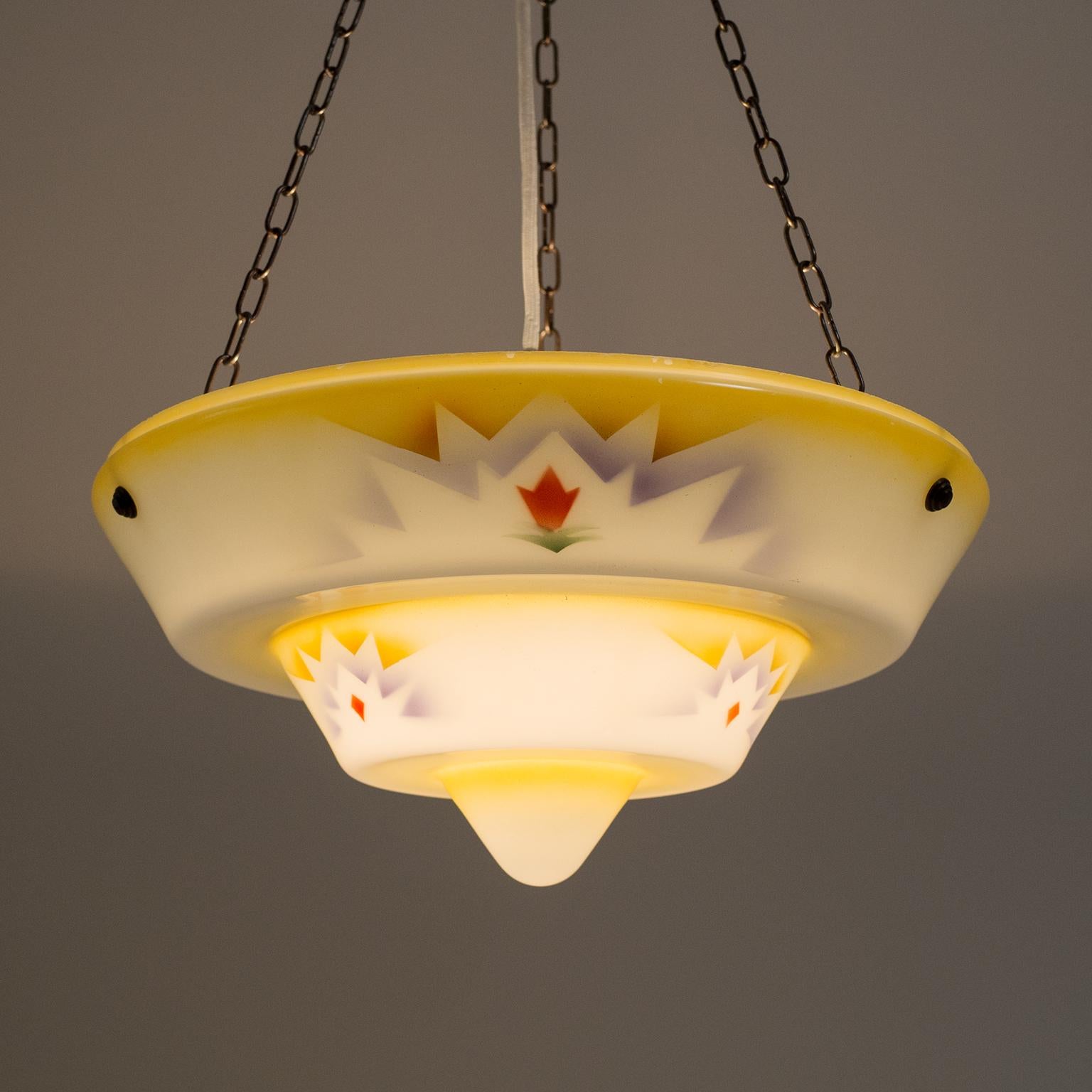 German Art Deco 1930s Suspension Light, Enameled Glass and Brass For Sale