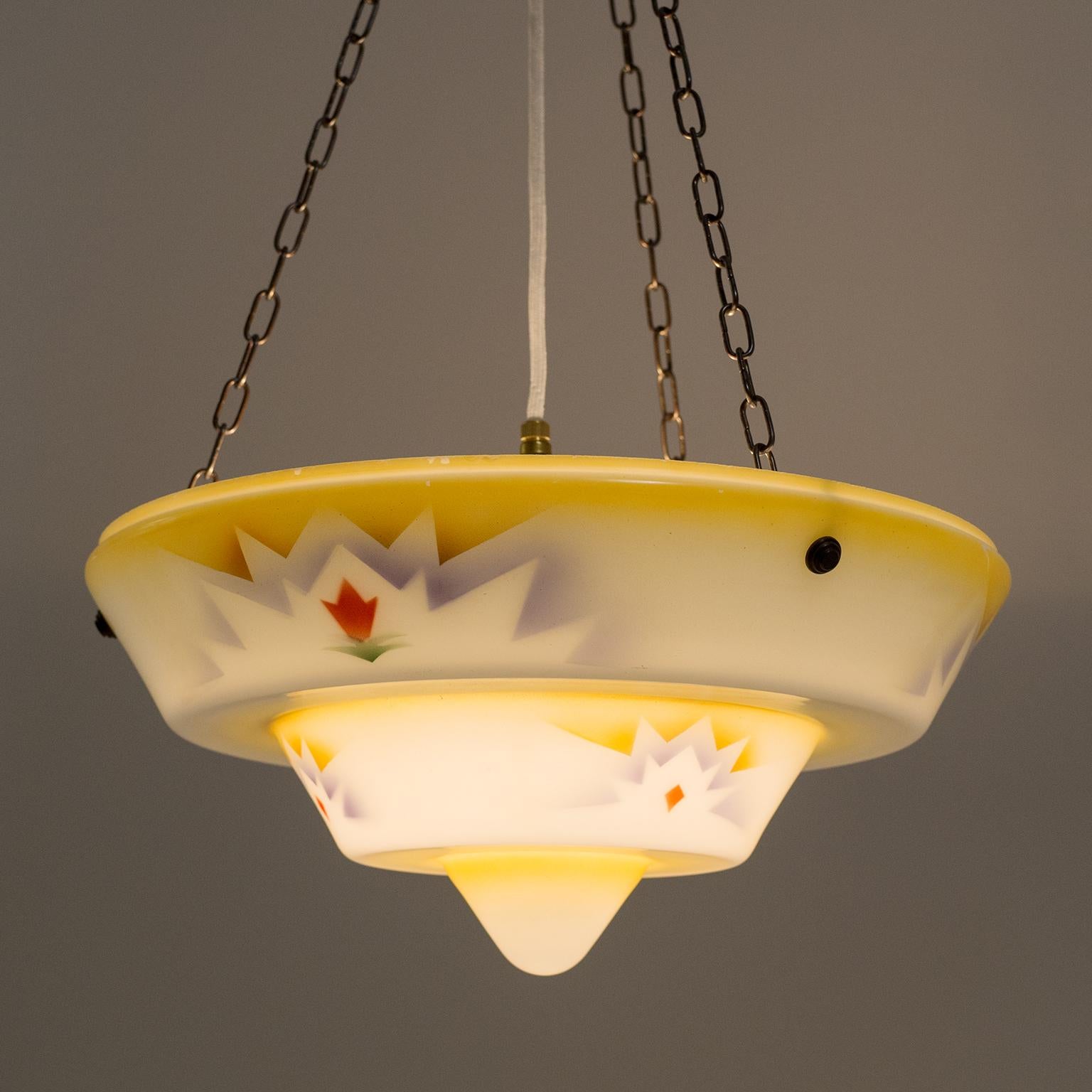 Mid-20th Century Art Deco 1930s Suspension Light, Enameled Glass and Brass For Sale
