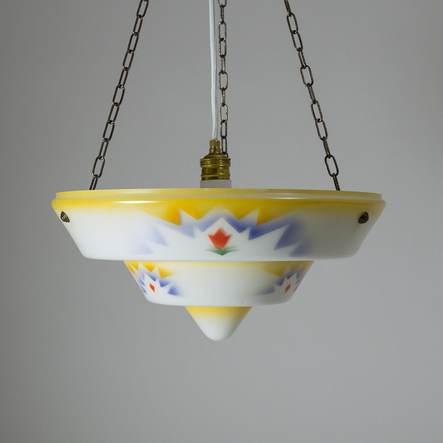 Art Deco 1930s Suspension Light, Enameled Glass and Brass For Sale 3