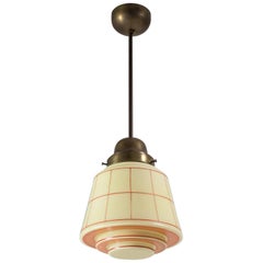 1930s Art Deco Pendant, Hand Painted Glass and Brass