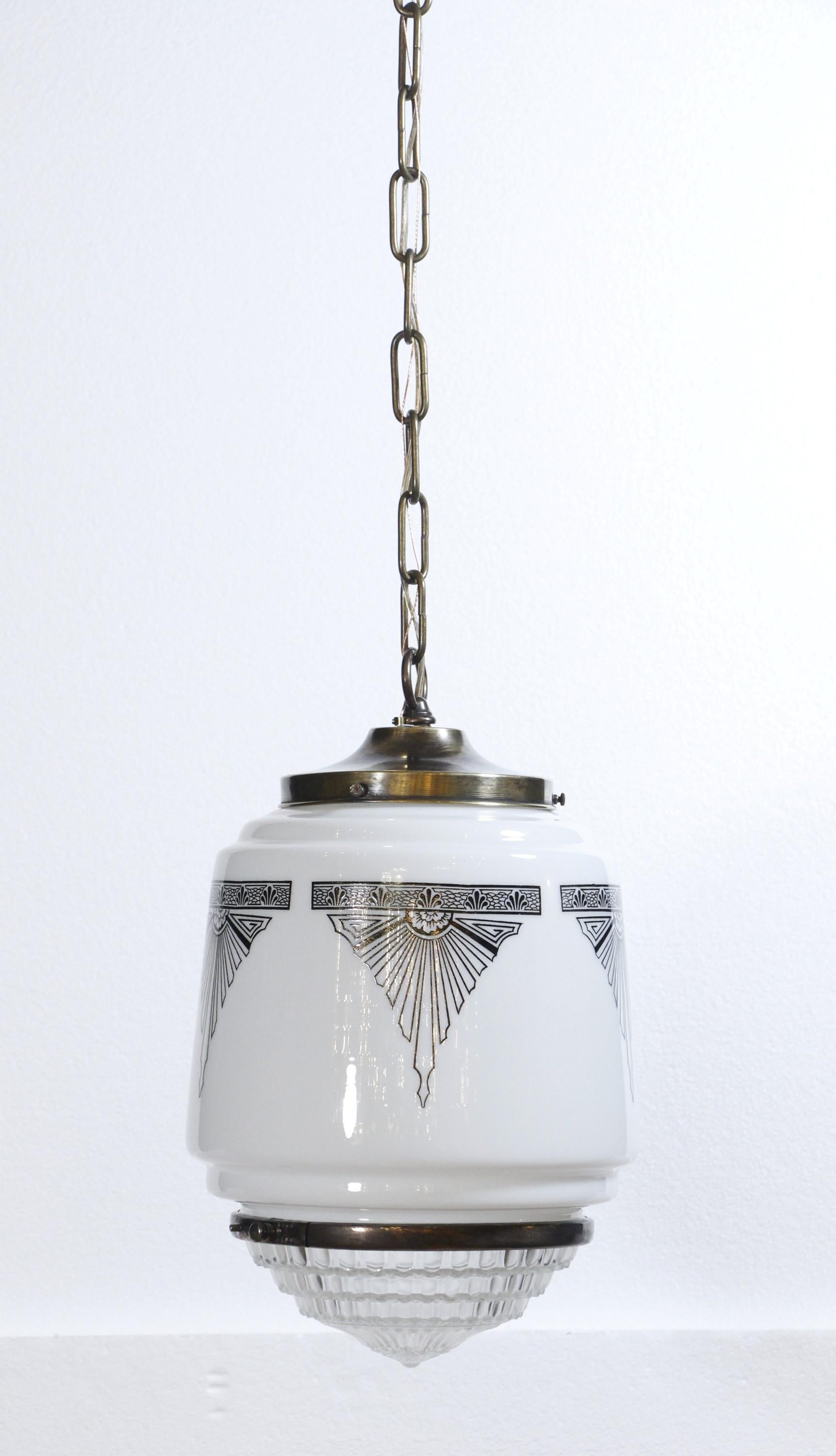 American 1930s, Art Deco Pendant Light Stenciled Black Details on Milk Glass Shade