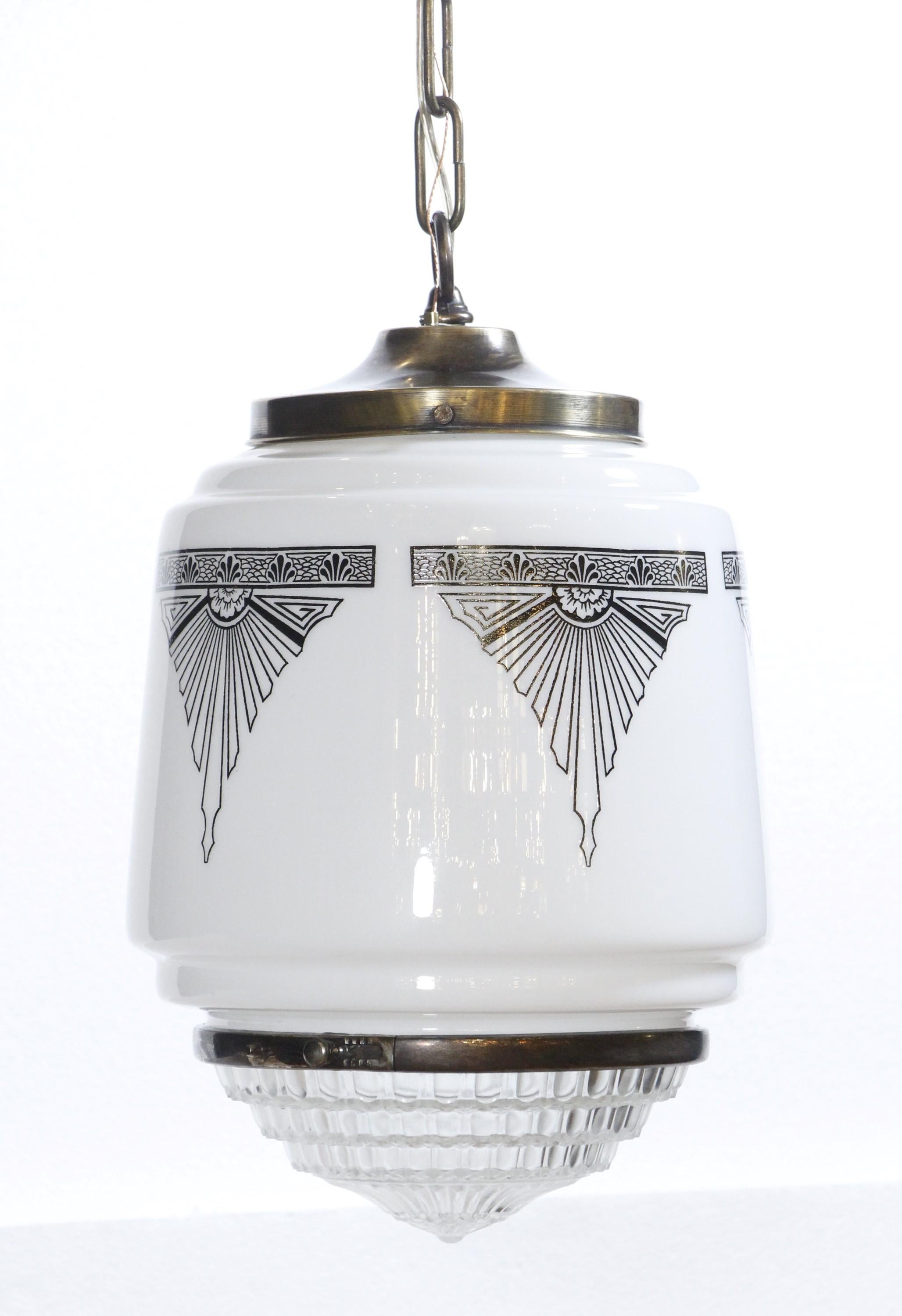 1930s, Art Deco Pendant Light Stenciled Black Details on Milk Glass Shade In Good Condition In New York, NY