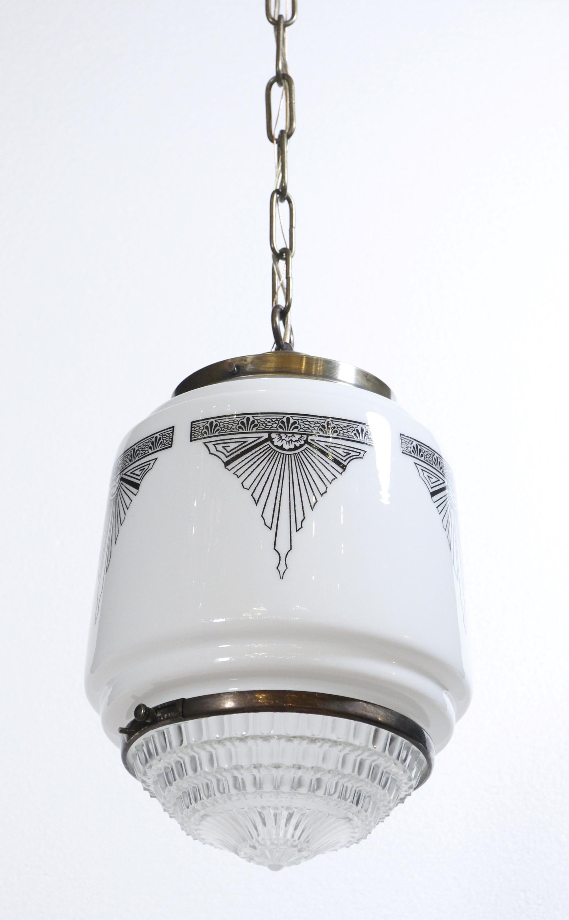 Mid-20th Century 1930s, Art Deco Pendant Light Stenciled Black Details on Milk Glass Shade