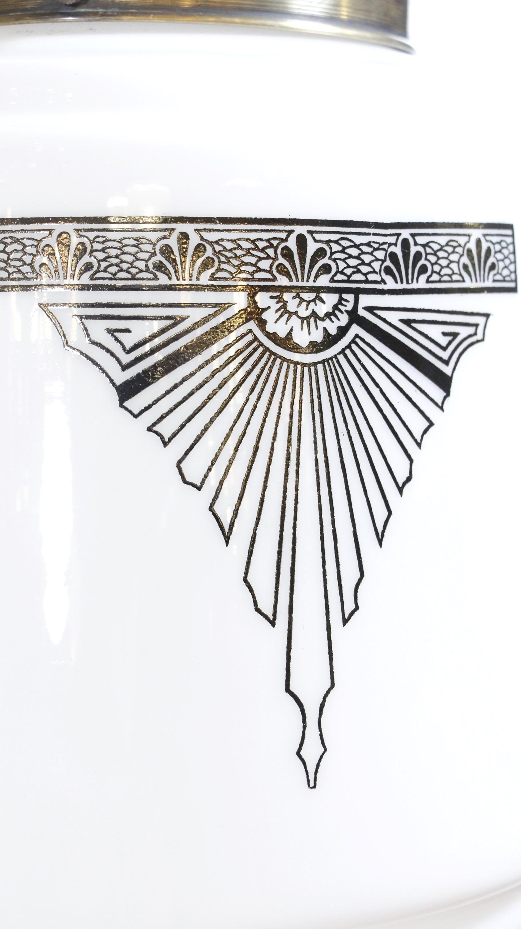 Brass 1930s, Art Deco Pendant Light Stenciled Black Details on Milk Glass Shade