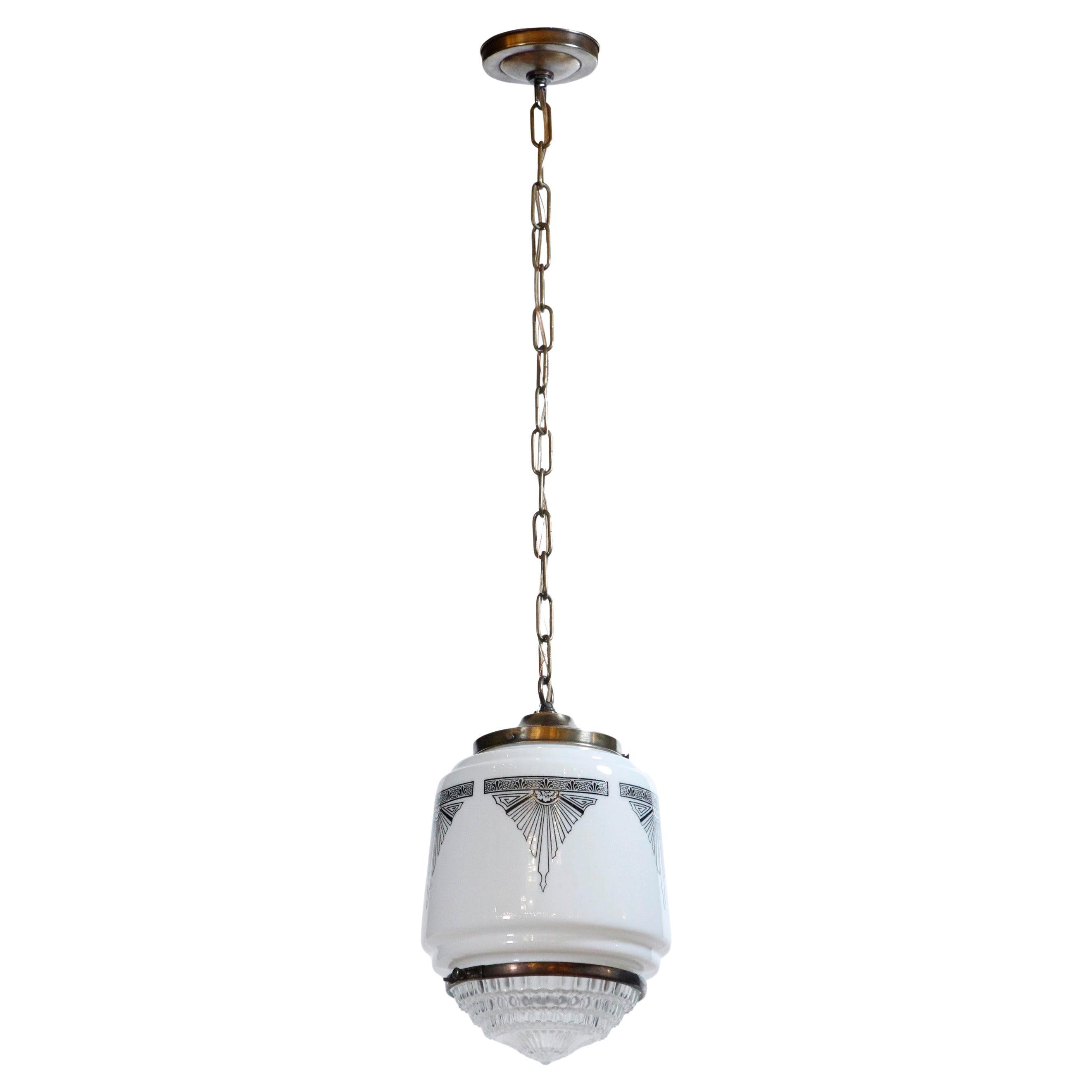 Art Deco Pendant Light Stenciled Black Milk Glass Shade For Sale
