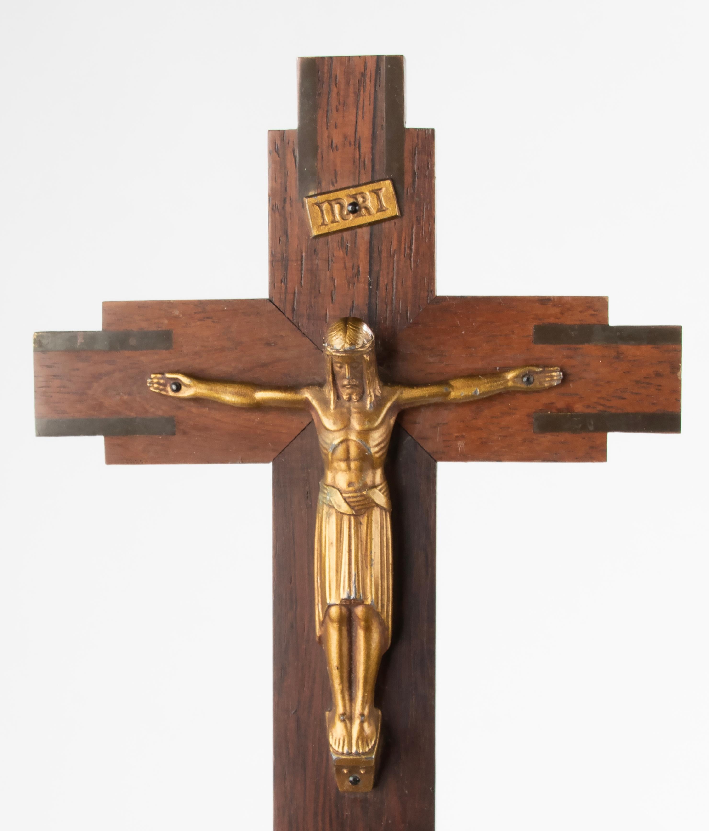 French 1930's Art Deco Period Crucifix Jesus Christ on Wooden Cross For Sale