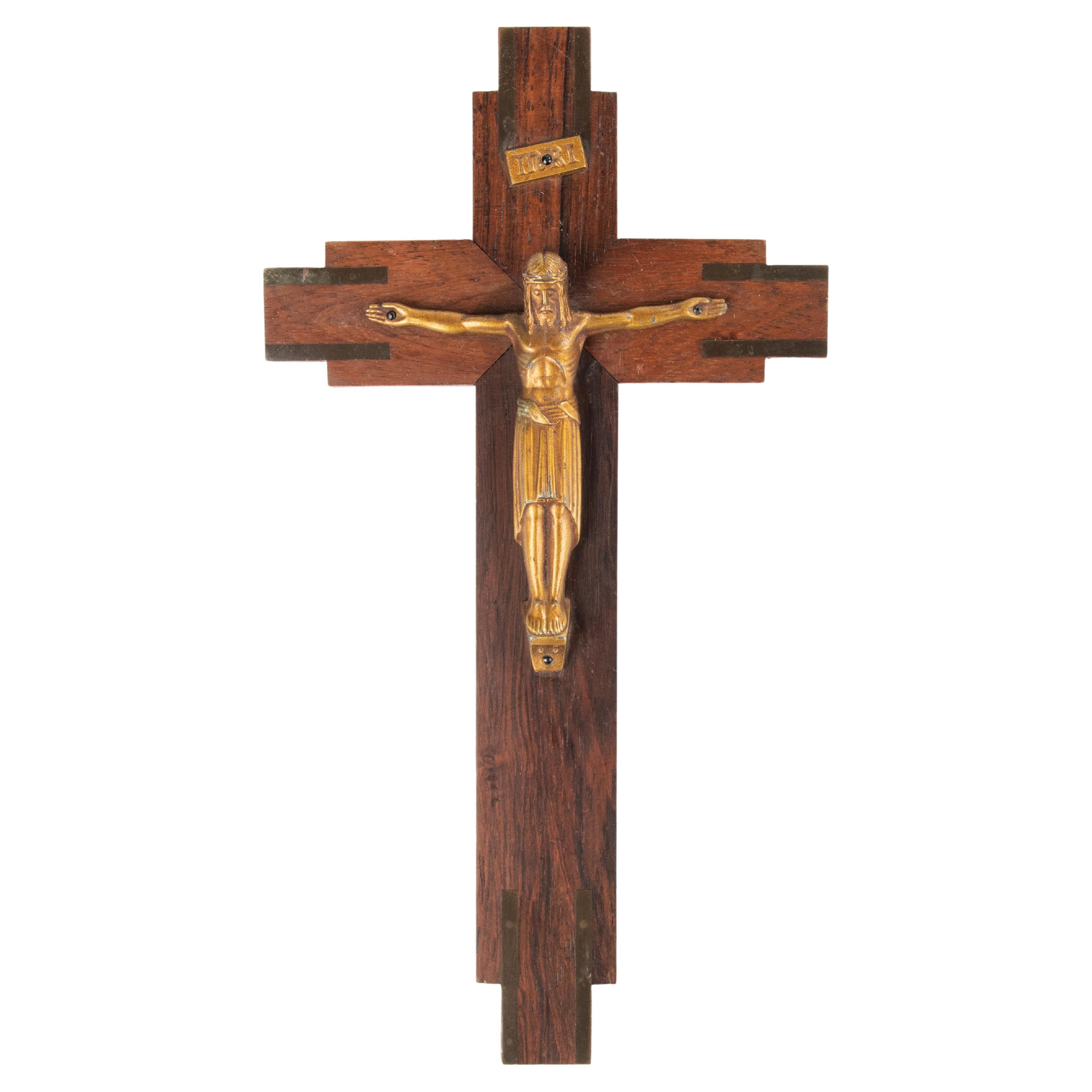 Crocifisso d'epoca Art Deco 1930 Gesù Cristo su croce di legno
