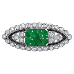 1930s Art Deco Platinum Brooch Carved Jadeite Jade & Old European Cut Diamonds