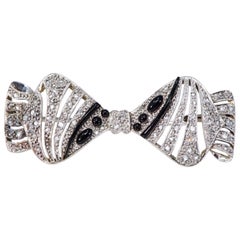 1930s Art Deco Platinum French Onyx Diamond Tuxedo Bow Shaped Brooch Pin Pendant