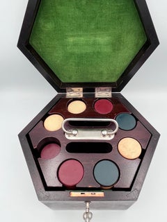 1930's Art Deco Poker Chip Set in Wood Hexagonal Box Removable Caddy with Key