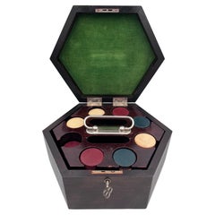 1930's Art Deco Poker Chip Set in Wood Hexagonal Box Removable Caddy with Key