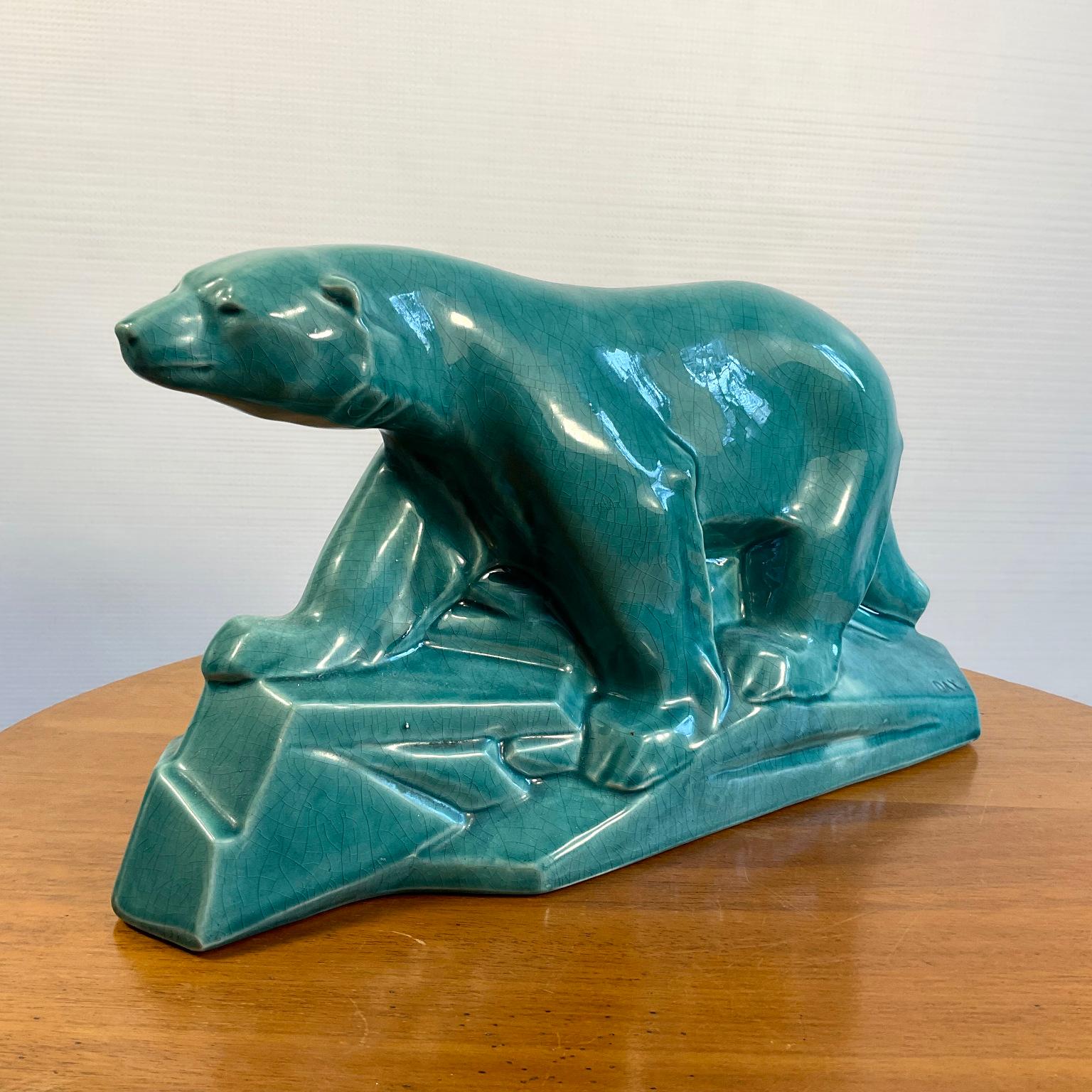 1930s Art Deco Polar Bear in Cracked Turquoise Ceramic by Edouard Cazaux 4