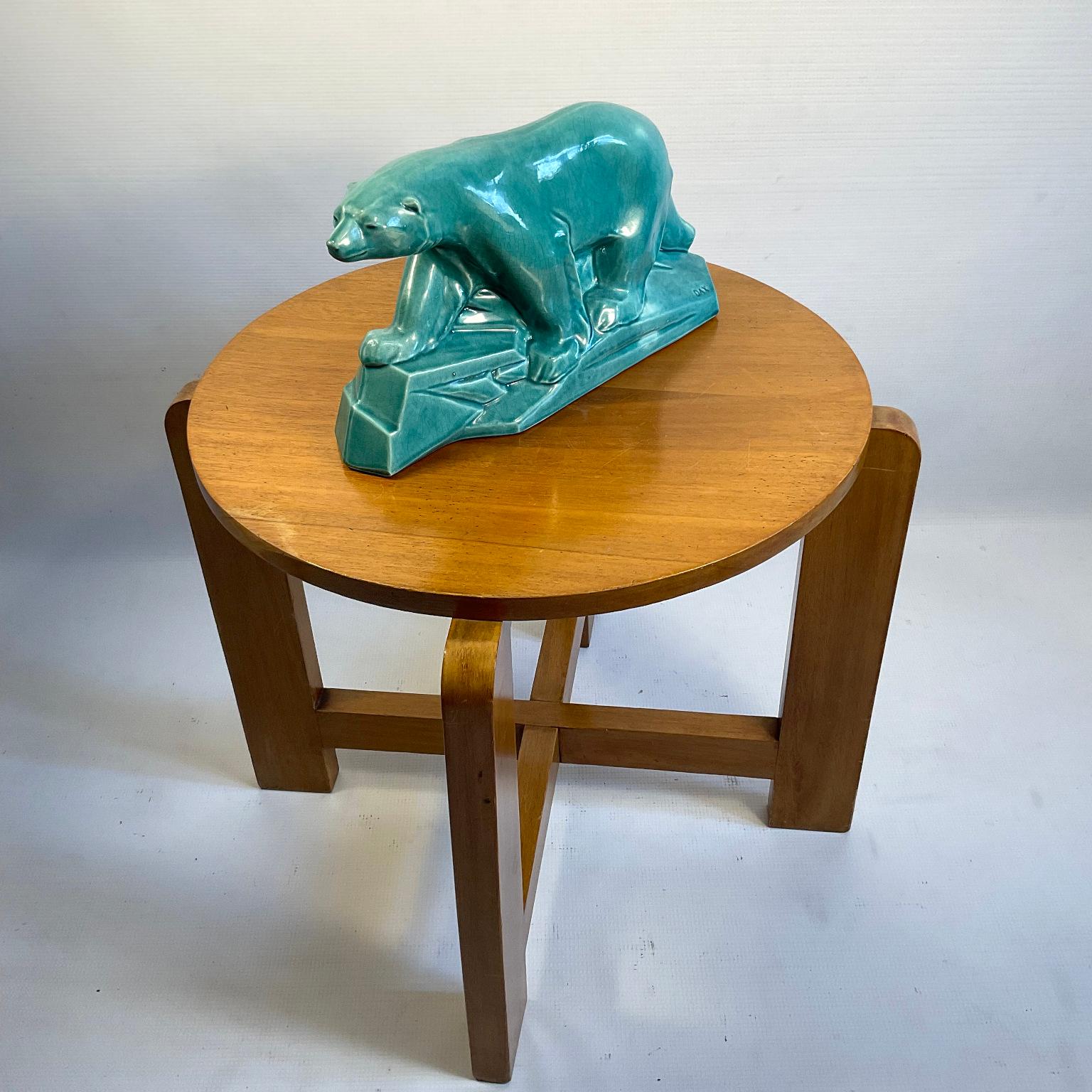 1930s Art Deco Polar Bear in Cracked Turquoise Ceramic by Edouard Cazaux 5