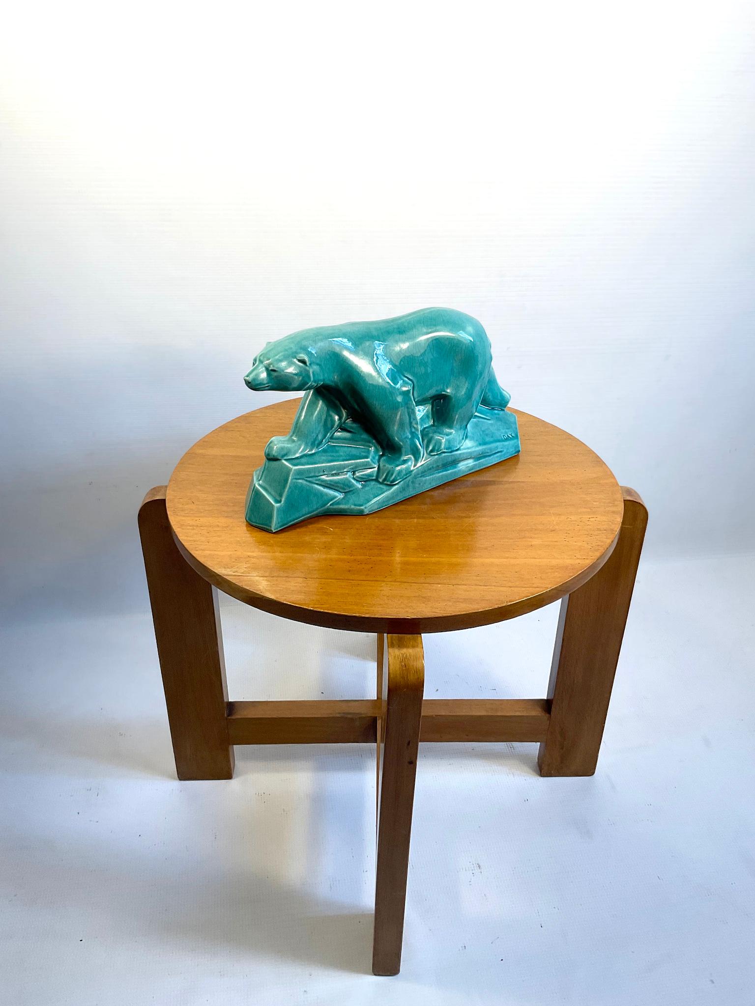 1930s Art Deco Polar Bear in Cracked Turquoise Ceramic by Edouard Cazaux 6
