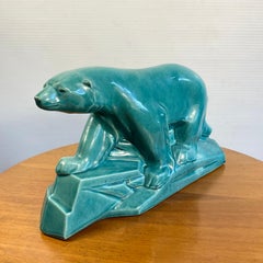 Oso polar Art Decó de 1930 en cerámica turquesa agrietada de Edouard Cazaux