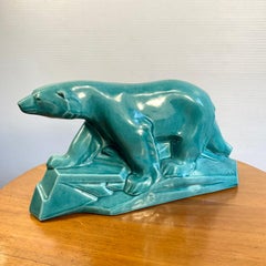 1930s Art Deco Polar Bear in Cracked Turquoise Ceramic by Edouard Cazaux