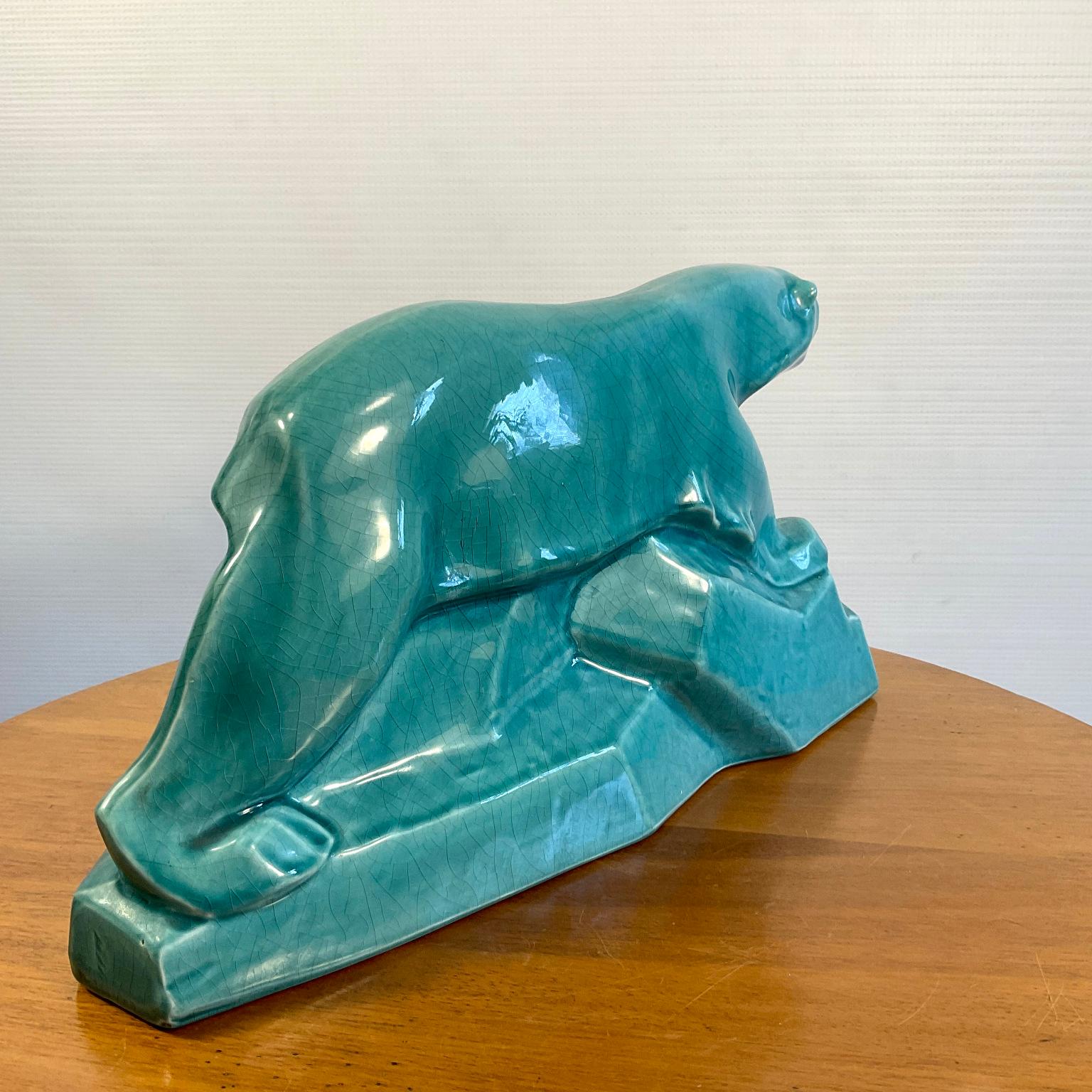 French 1930s Art Deco Polar Bear in Cracked Turquoise Ceramic by Edouard Cazaux